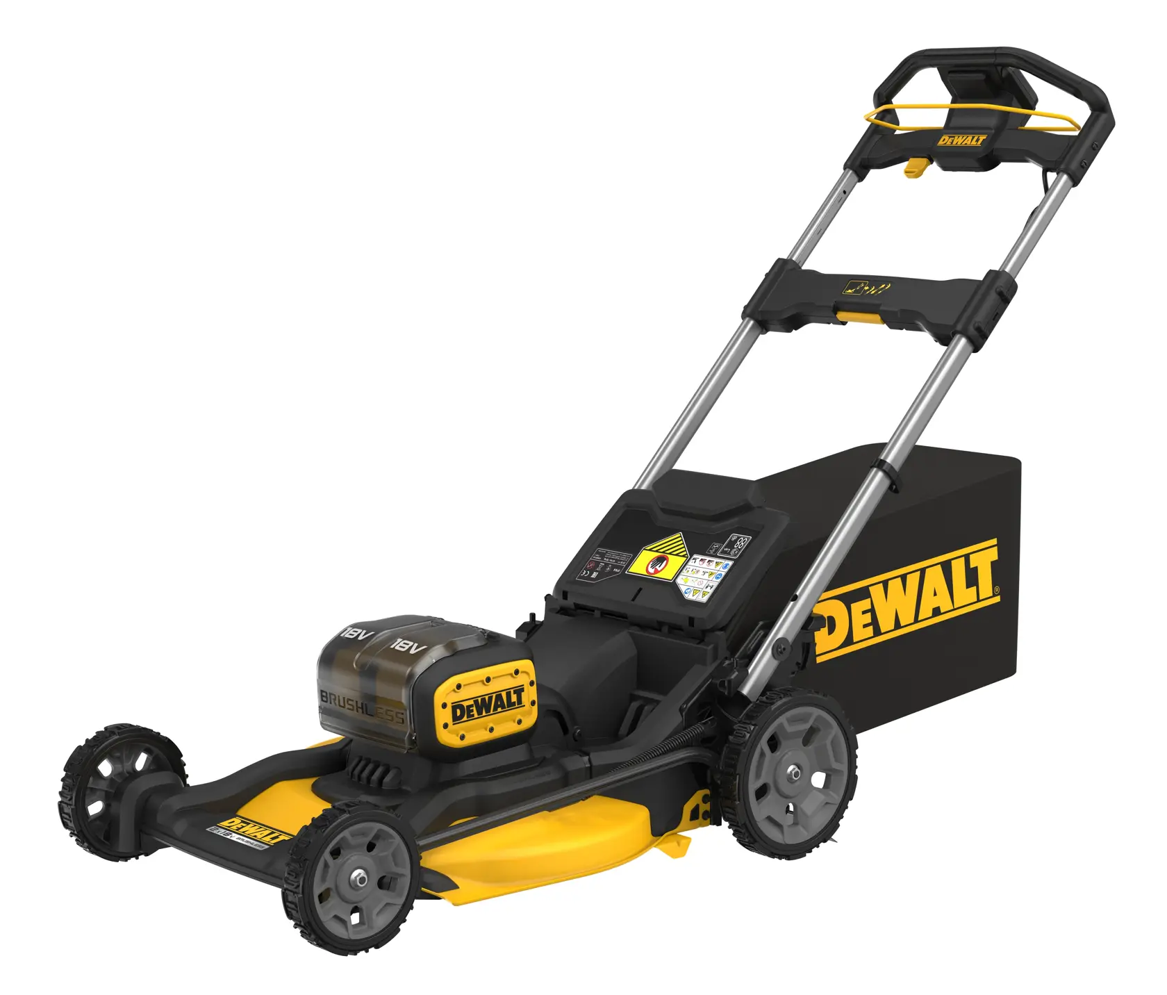 Um cortador de grama sem fio DEWALT com design preto e amarelo, coletor traseiro e rodas robustas.