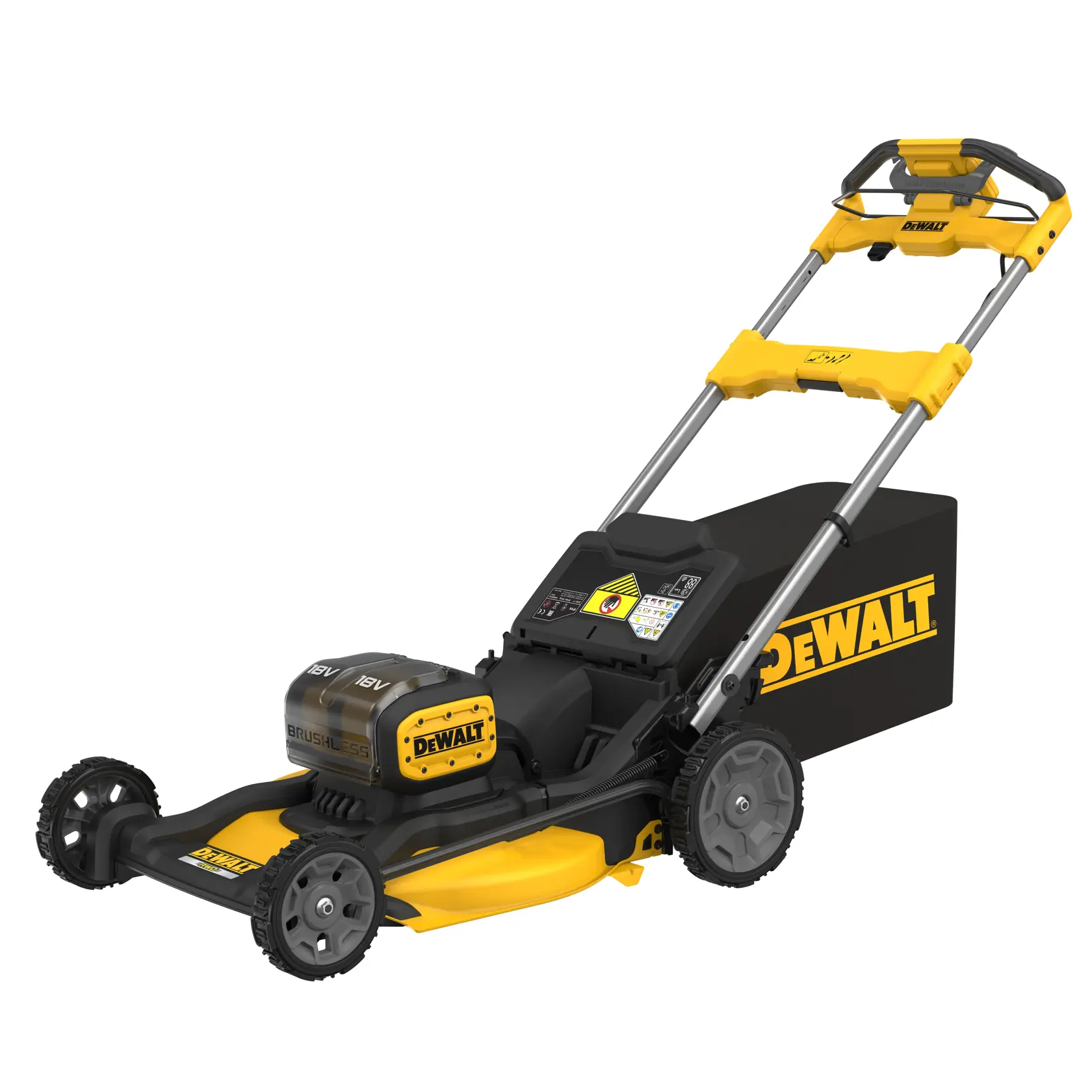 Cortador de grama elétrico sem fio DEWALT com design amarelo e preto, motor sem escova, alça ajustável e coletor de grama traseiro.