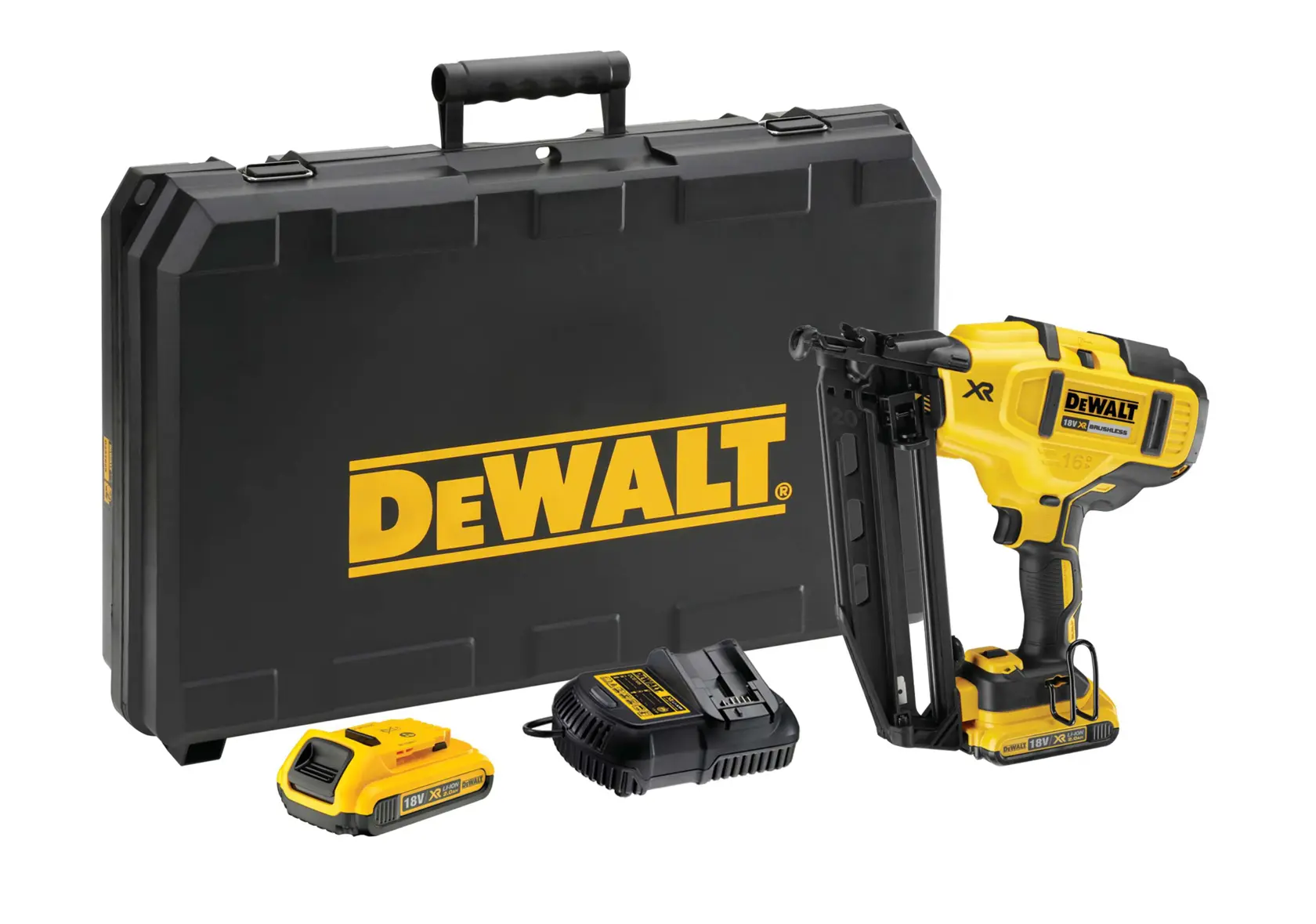 Juego de clavadora inalámbrica DEWALT con maletín, batería, cargador y herramienta sobre fondo blanco.