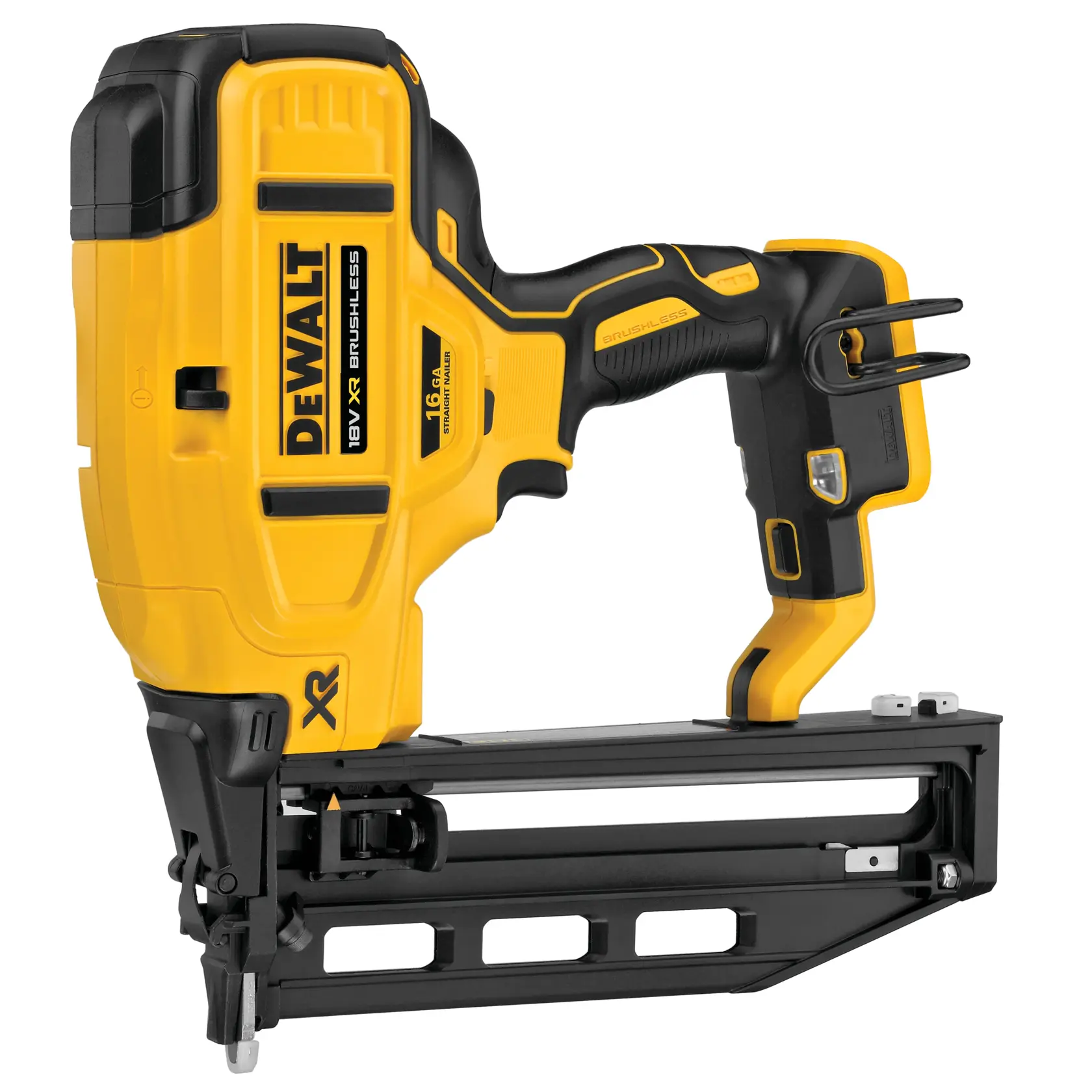 Uma pistola de pregos sem fio DEWALT 18V XR brushless com design amarelo e preto, pega ergonômica e magazine para pregos.