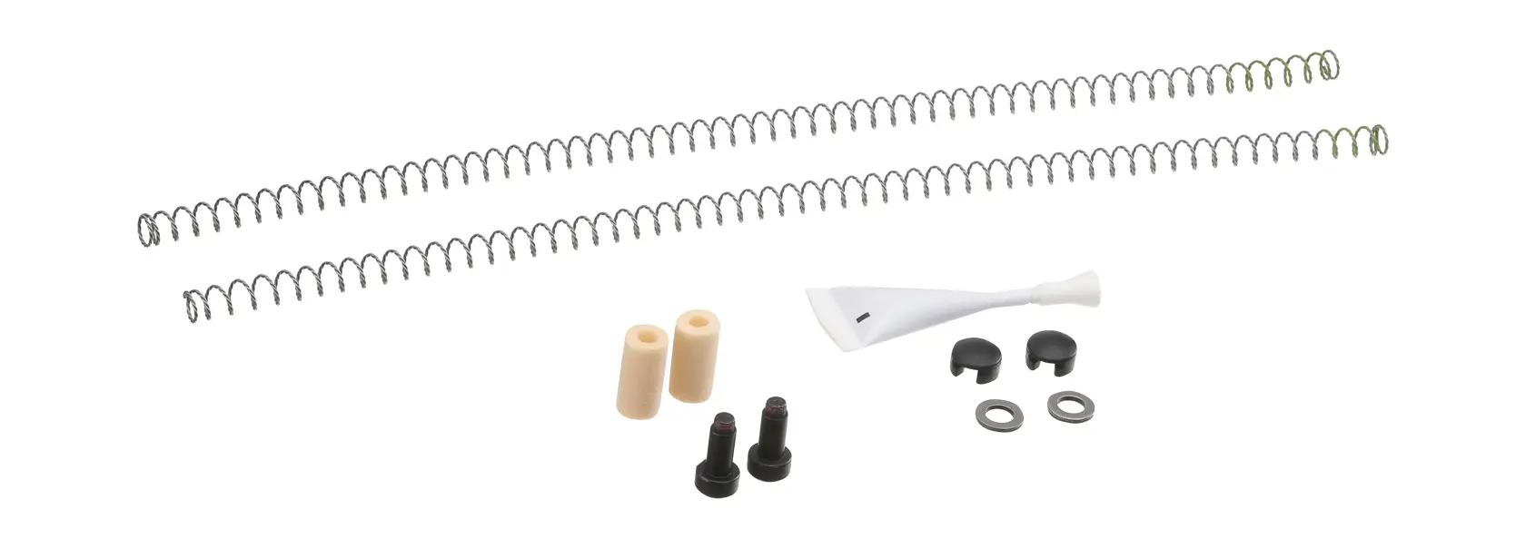 Kit de reposição DEWALT contendo duas molas de metal, dois componentes cilíndricos bege, uma ferramenta ou acessório branco de plástico, dois parafusos, duas tampas pretas e duas arruelas de metal, dispostos em um fundo branco.
