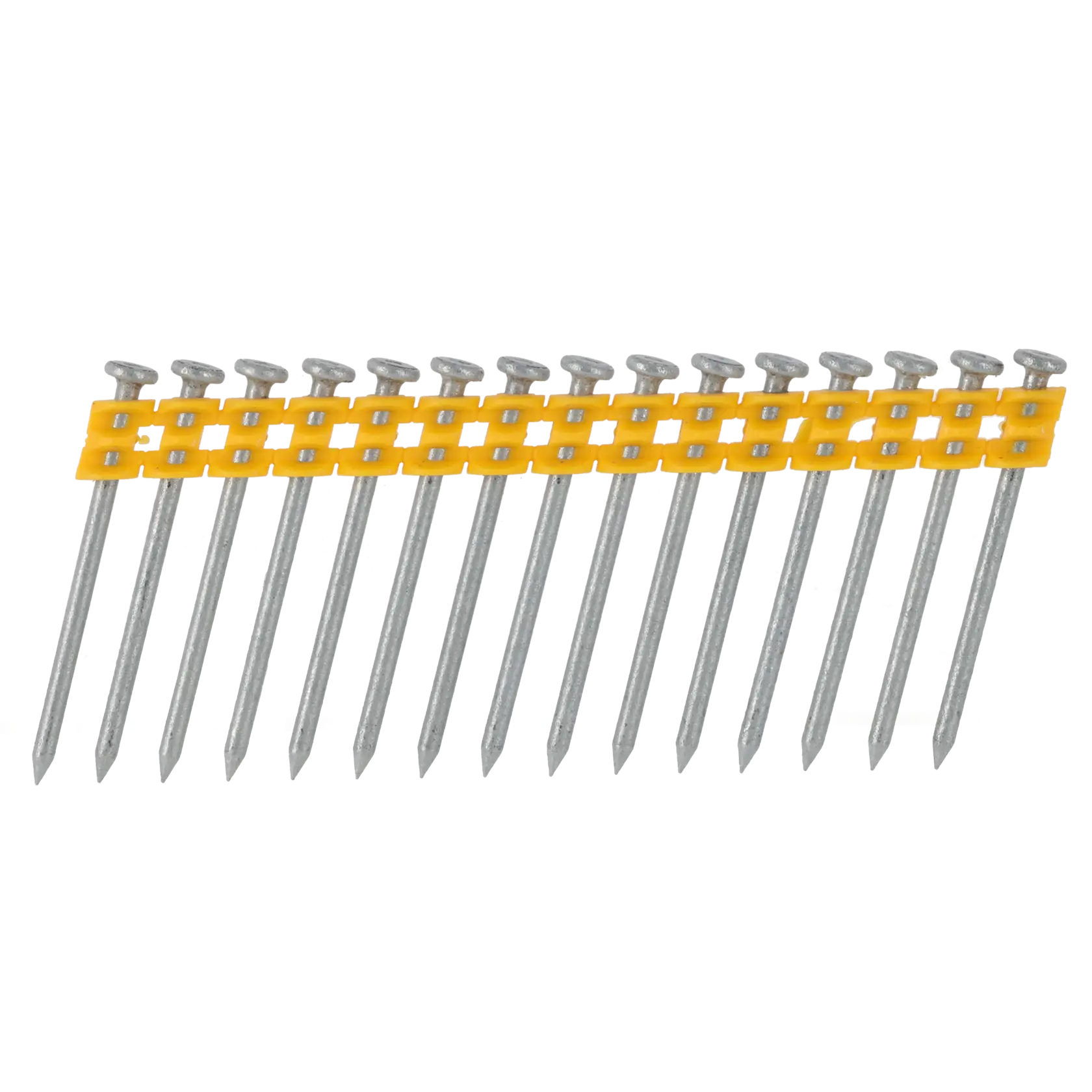 Uma fileira de pregos de metal conectados por uma faixa de plástico amarela, usada para uma pistola de pregos.