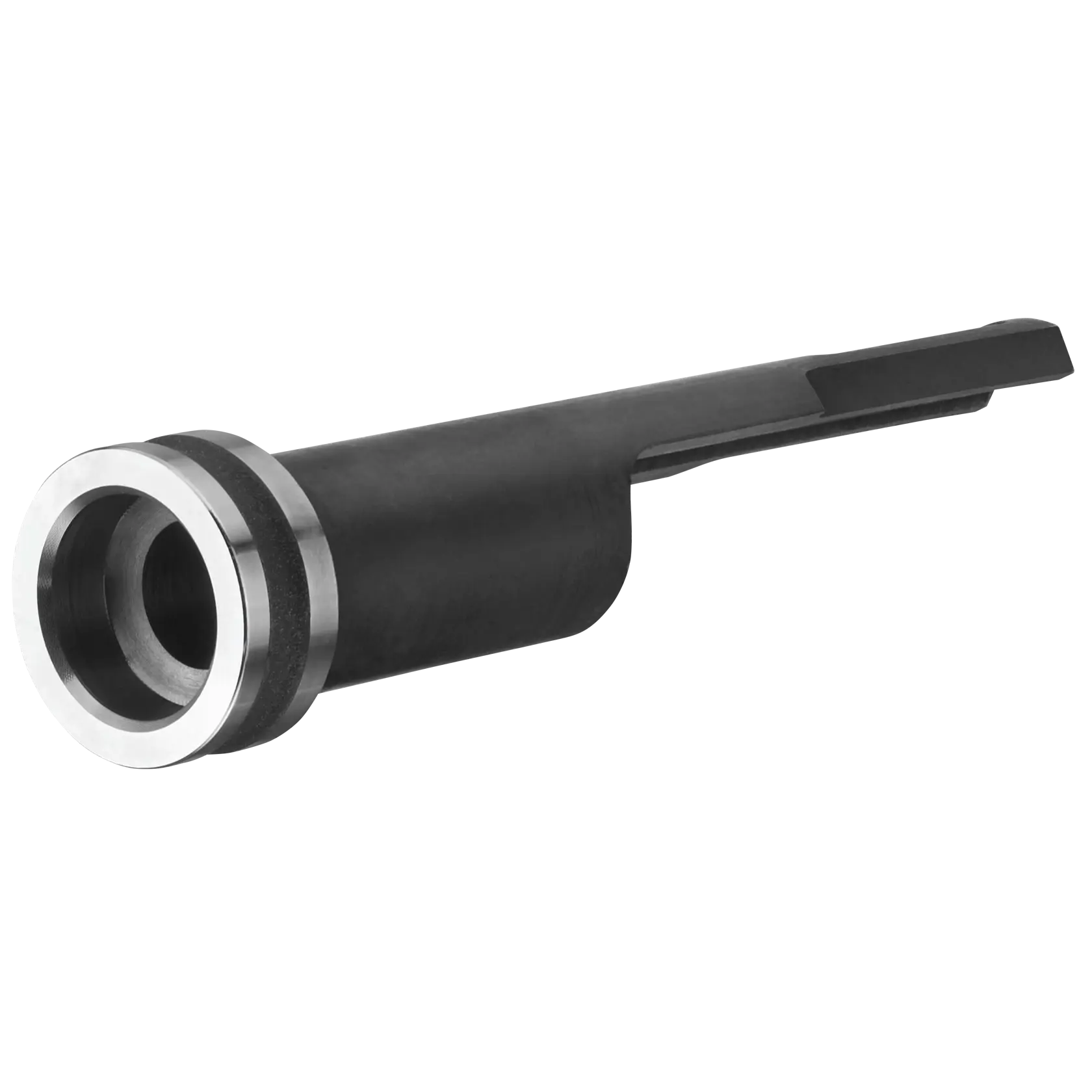 Um acessório de ferramenta de metal DEWALT, modelo DCN8903, projetado como ponteira de magazine para ferramentas de fixação. O acessório é preto com um anel prateado em uma extremidade e é utilizado em aplicações de construção.