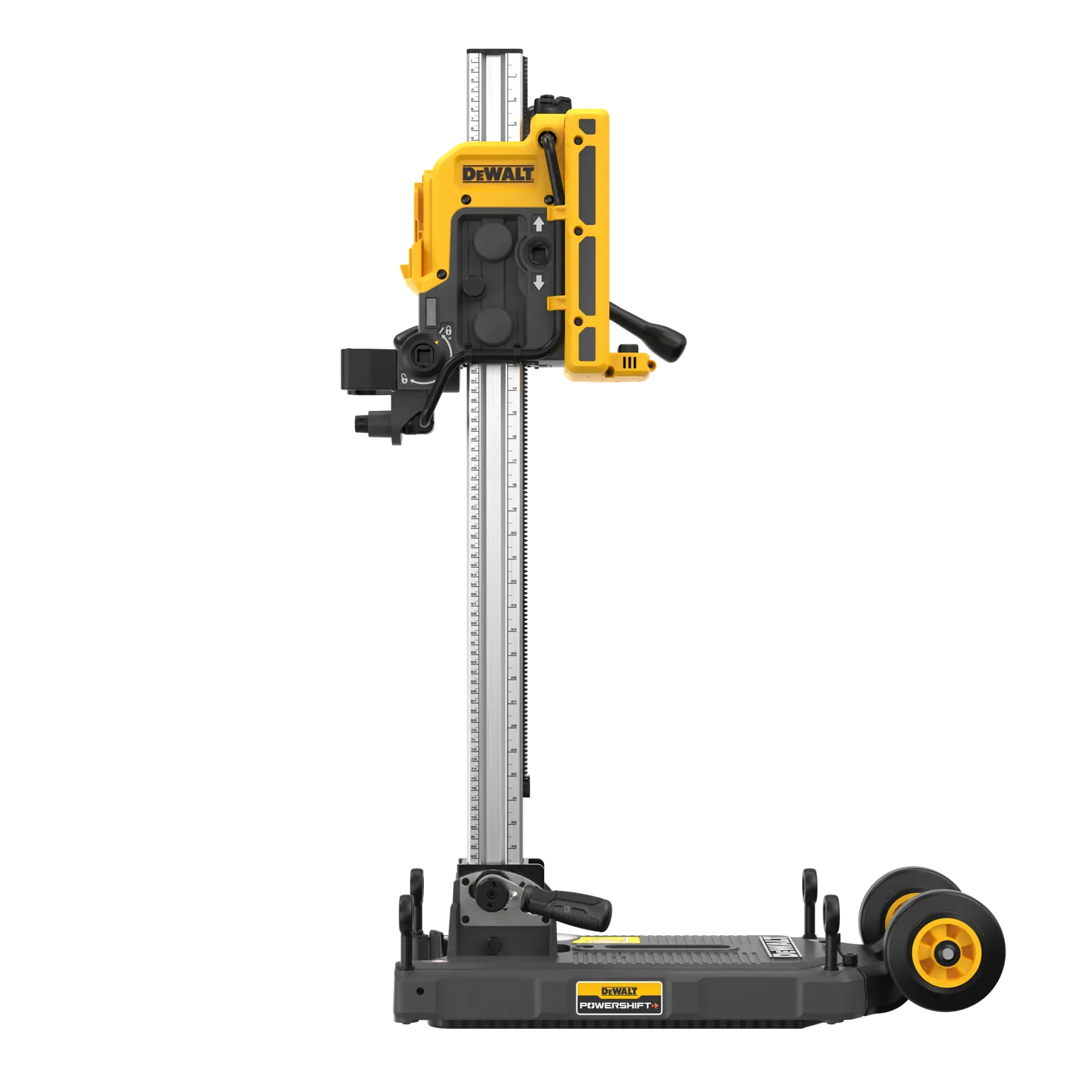 Um suporte de ferramenta DEWALT Powershift é exibido. Possui controles de usuário espelhados, catraca de ângulo ajustável, montagem conveniente e base de vácuo integrada. O dispositivo de rastreamento TOOL CONNECT™ DCE041 também é destacado, vendido separadamente.