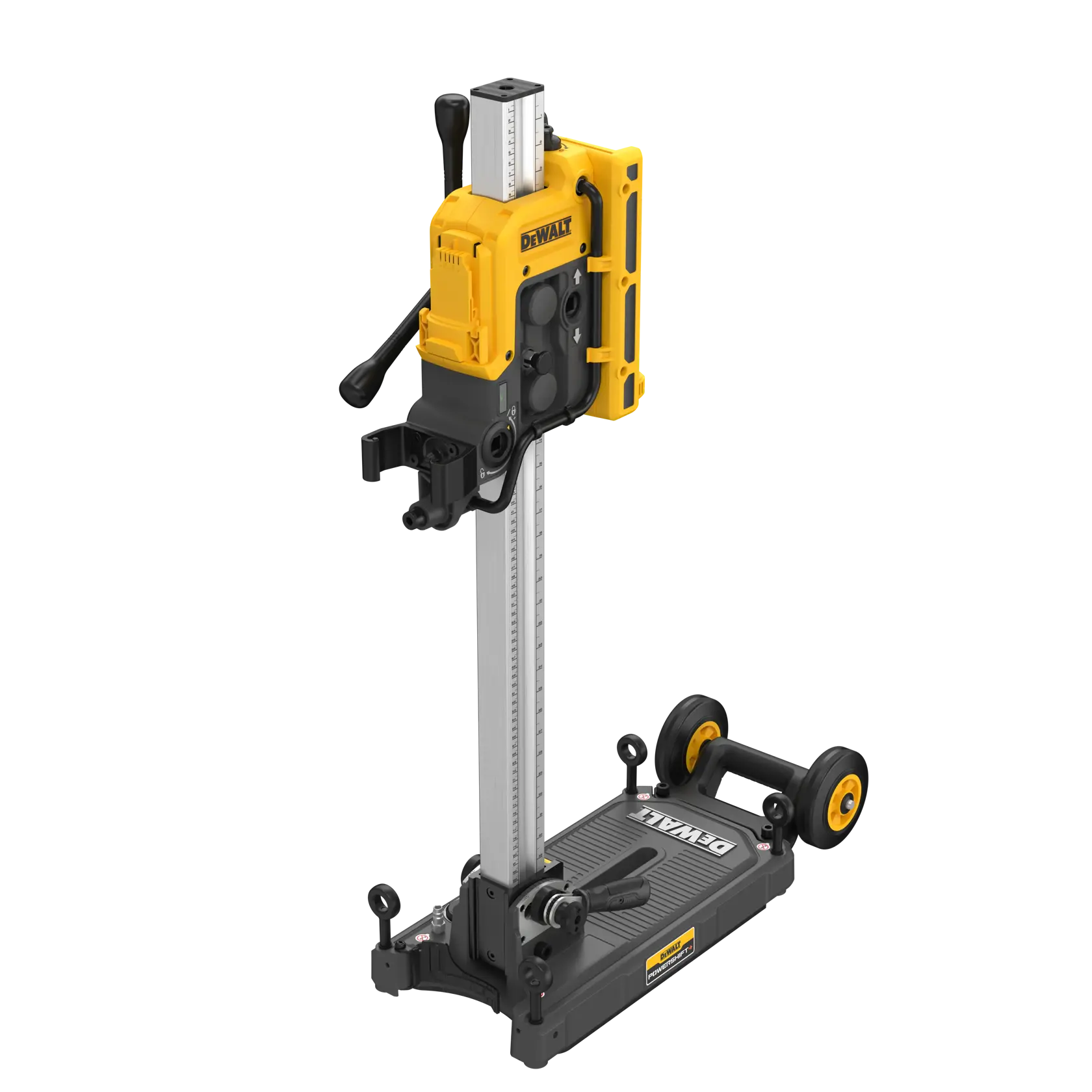 Uma ferramenta elétrica DEWALT com base de vácuo integrada está sendo preparada por um trabalhador usando luvas e capacete de segurança sobre uma superfície de concreto. A ferramenta possui rodas amarelas e está conectada a uma mangueira. O texto na imagem diz: 'Base de vácuo integrada para uma montagem rápida e segura.'
