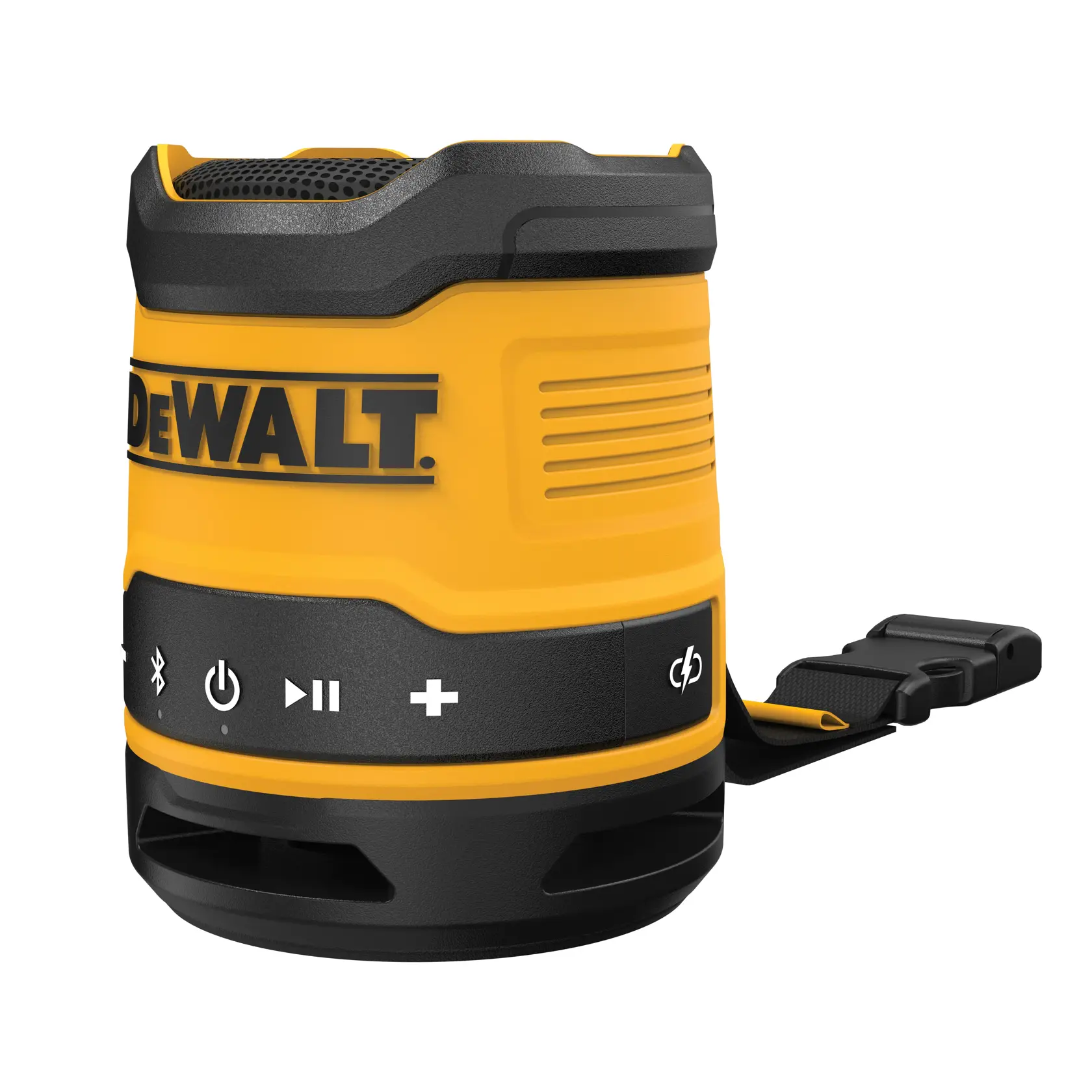 Uma caixa de som Bluetooth portátil DEWALT nas cores amarela e preta, mostrando botões de controle e uma alça de transporte.