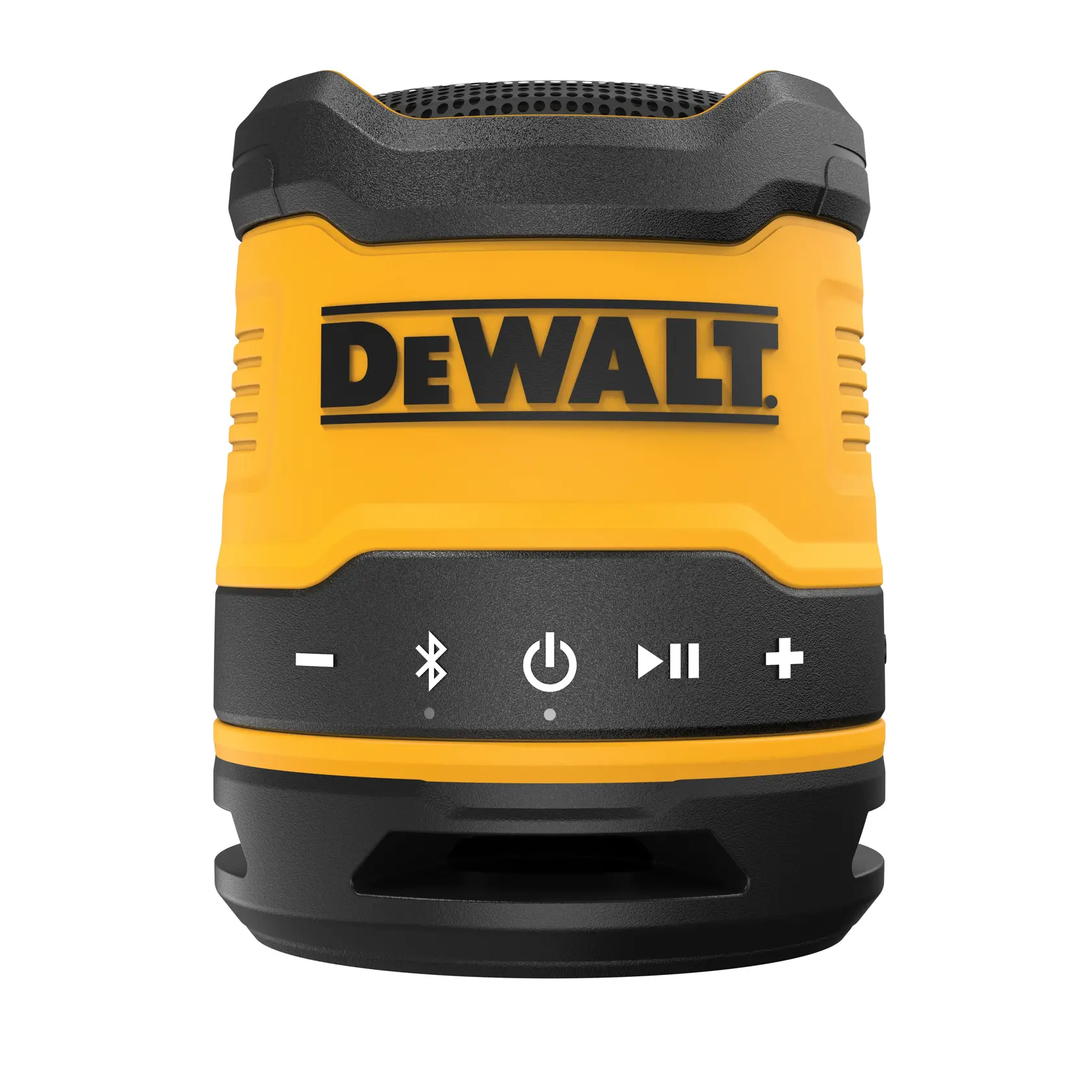 Vista frontal de um alto-falante Bluetooth portátil DEWALT, modelo DCR009, em amarelo e preto. O alto-falante possui botões de controle para volume, conectividade Bluetooth, energia e reprodução na parte frontal.
