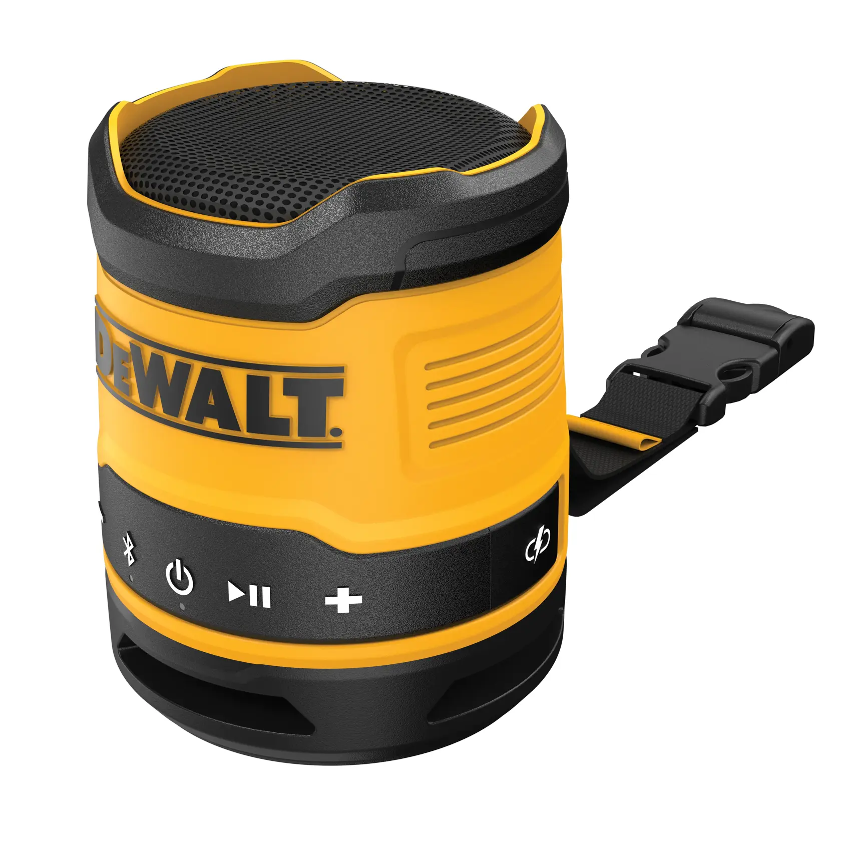 Alto-falante Bluetooth portátil DEWALT em amarelo e preto, com botões de controle e alça de transporte.