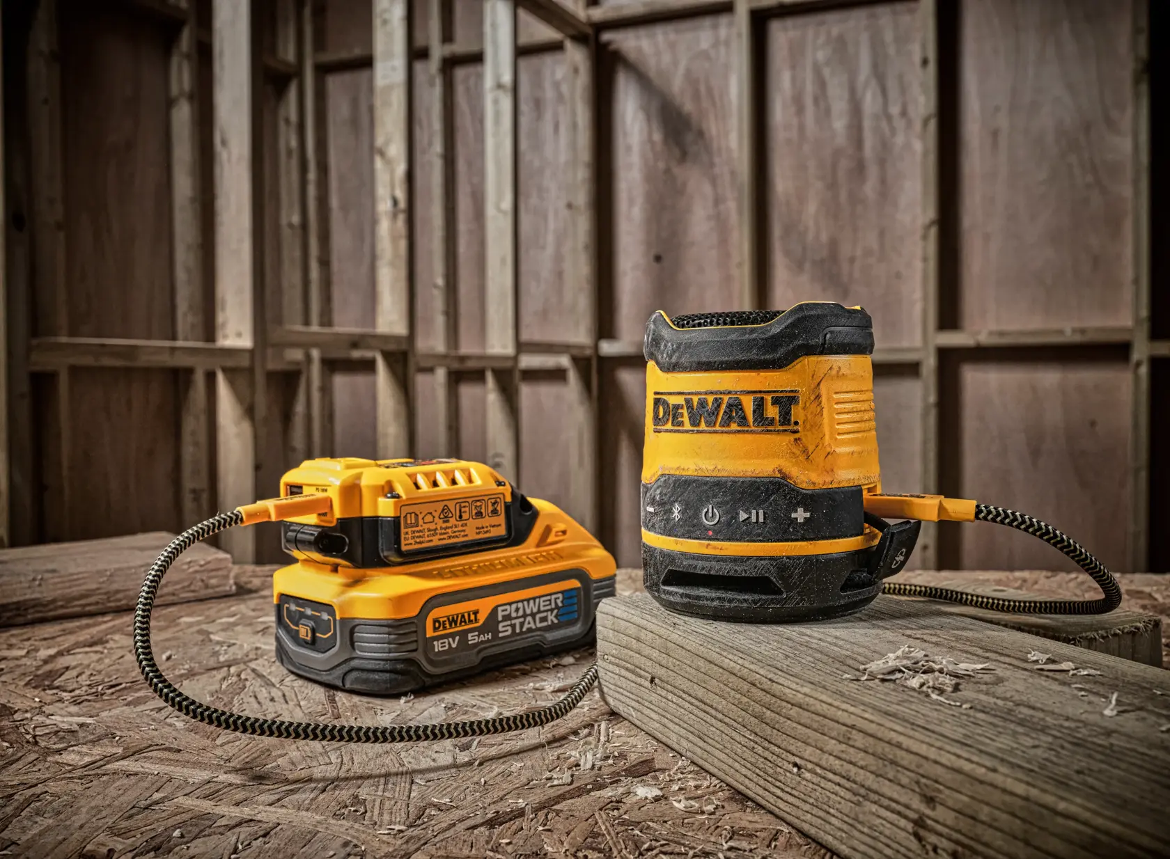 Um alto-falante portátil Bluetooth DEWALT DCR009 conectado a uma bateria DEWALT POWERSTACK 18V, ambos colocados sobre uma superfície de madeira em um ambiente de construção.
