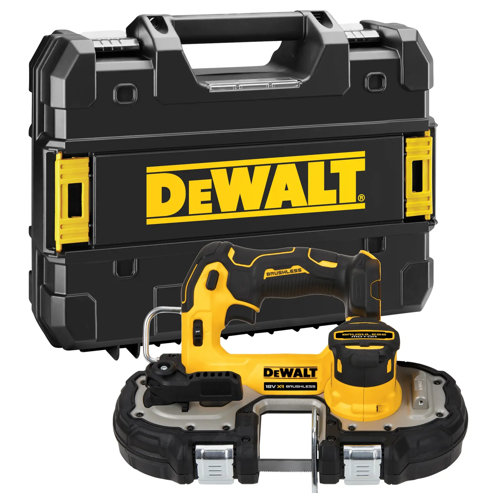 Una sierra de banda DEWALT 18V XR sin escobillas mostrada frente a un estuche de transporte negro y amarillo de DEWALT.