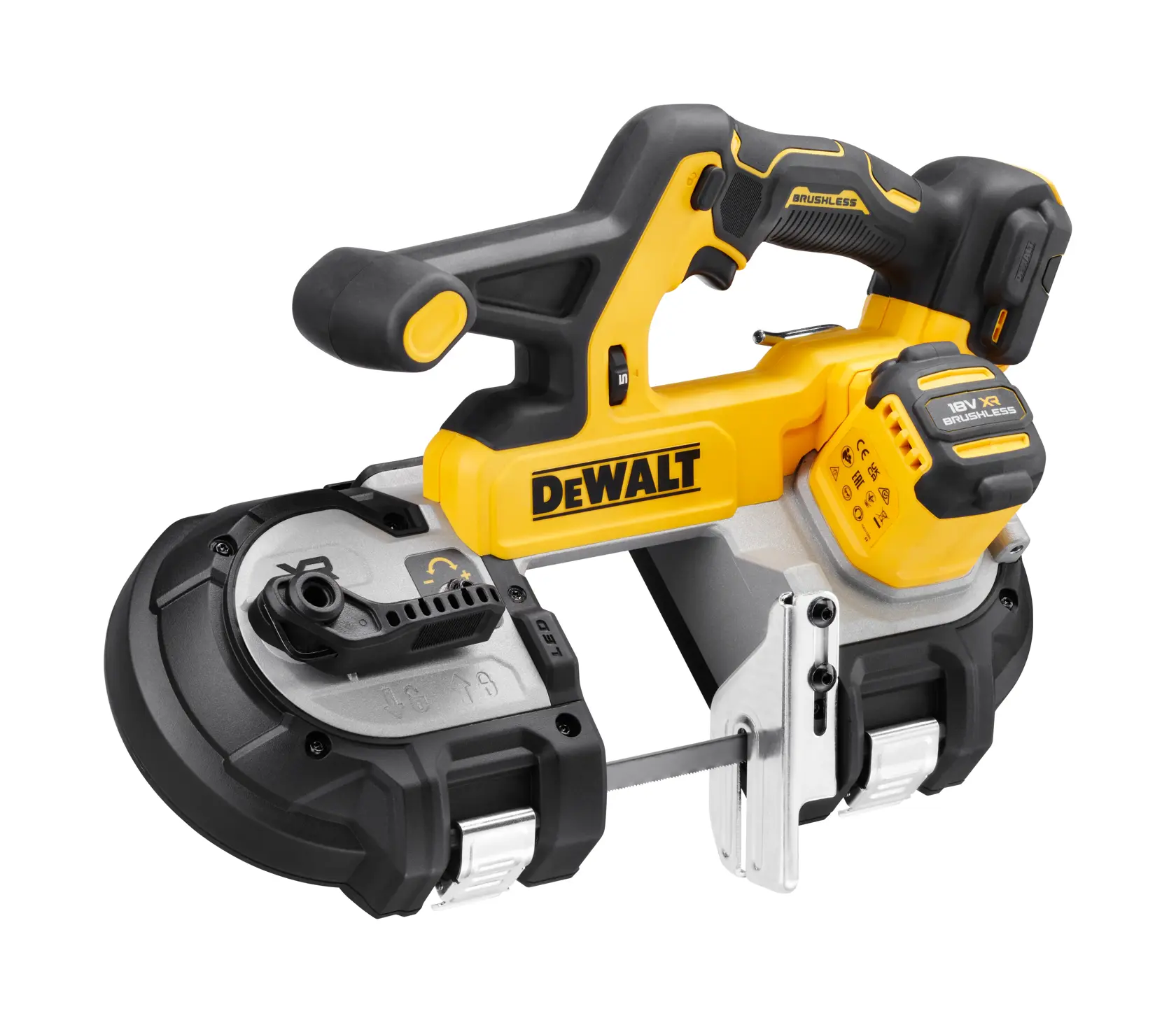Serra de fita sem fio DEWALT DCS378N com motor brushless, design amarelo e preto, cabo ergonômico, lâmina de corte de metal e bateria de 18V, projetada para cortar materiais metálicos.