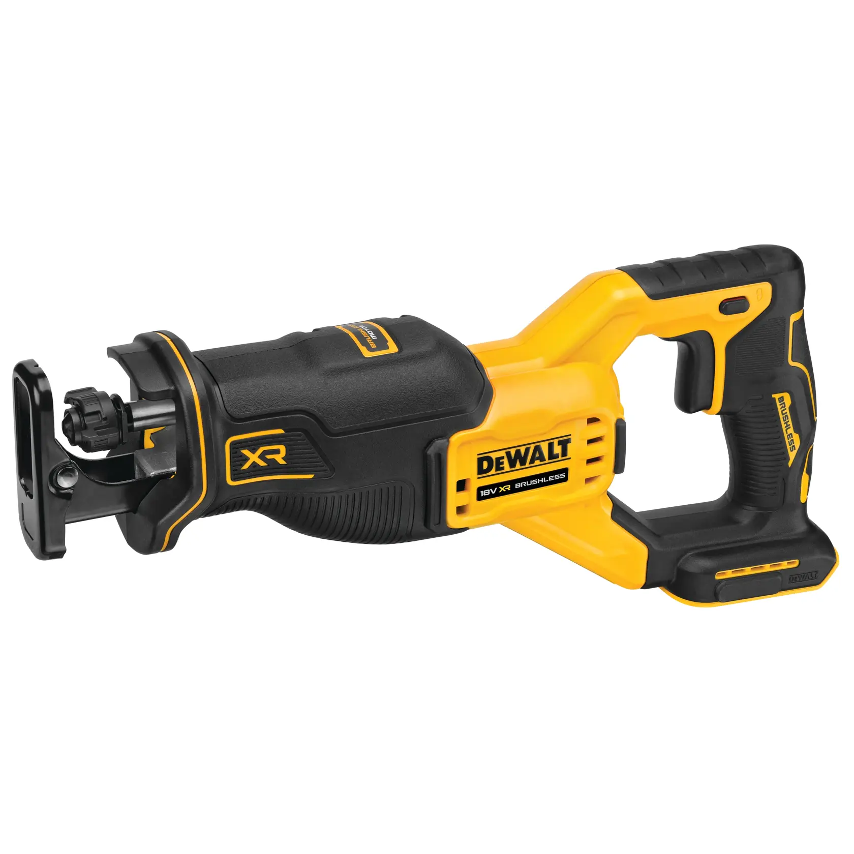 Uma serra recíproca sem fio DEWALT DCS382N com design amarelo e preto, motor XR brushless e cabo ergonômico.