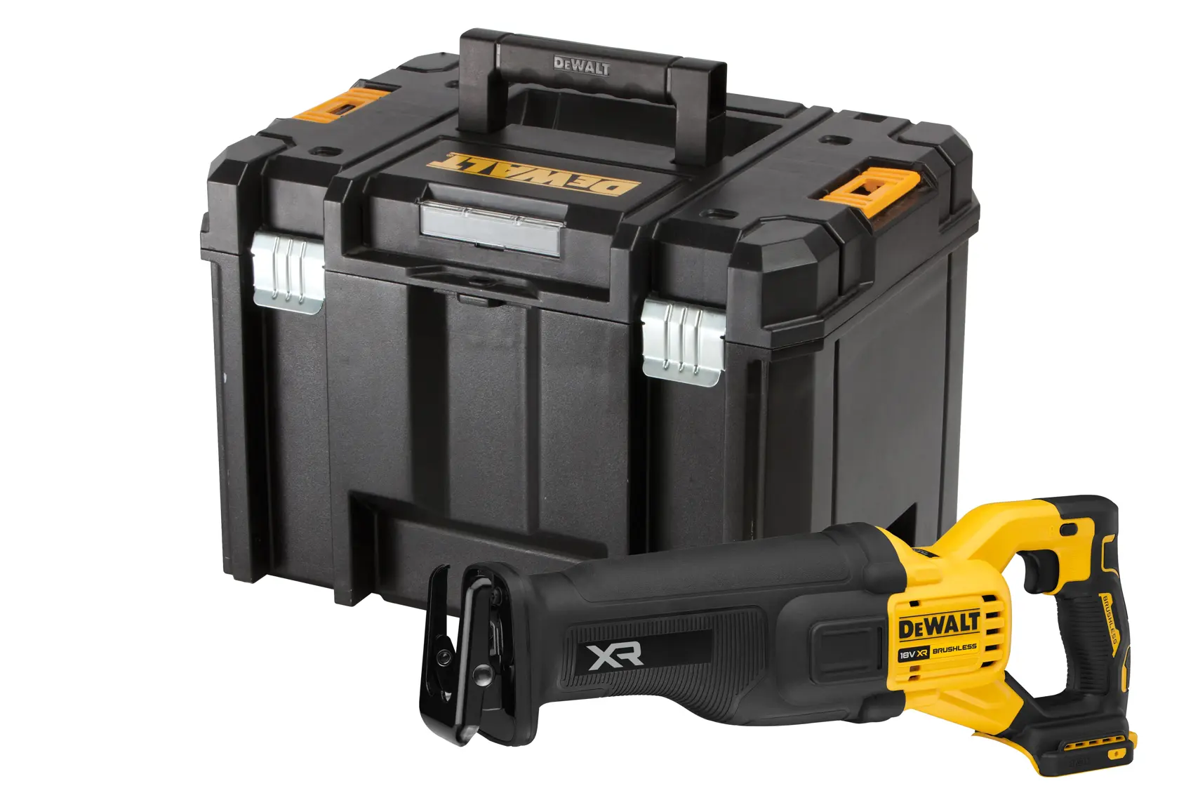 Uma serra recíproca sem fio DEWALT com design preto e amarelo, exibida na frente de uma caixa de transporte preta DEWALT com detalhes em laranja e prata.