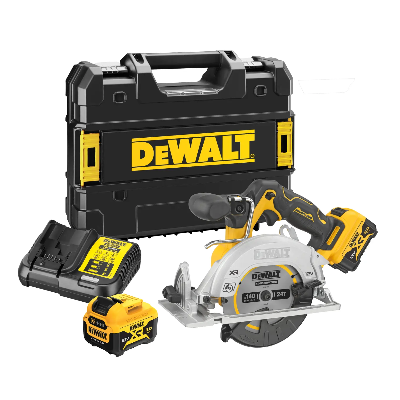 Um kit de serra circular sem fio DEWALT incluindo uma serra circular compacta, duas baterias recarregáveis, um carregador de bateria e uma robusta maleta de transporte preta e amarela com o logotipo DEWALT.