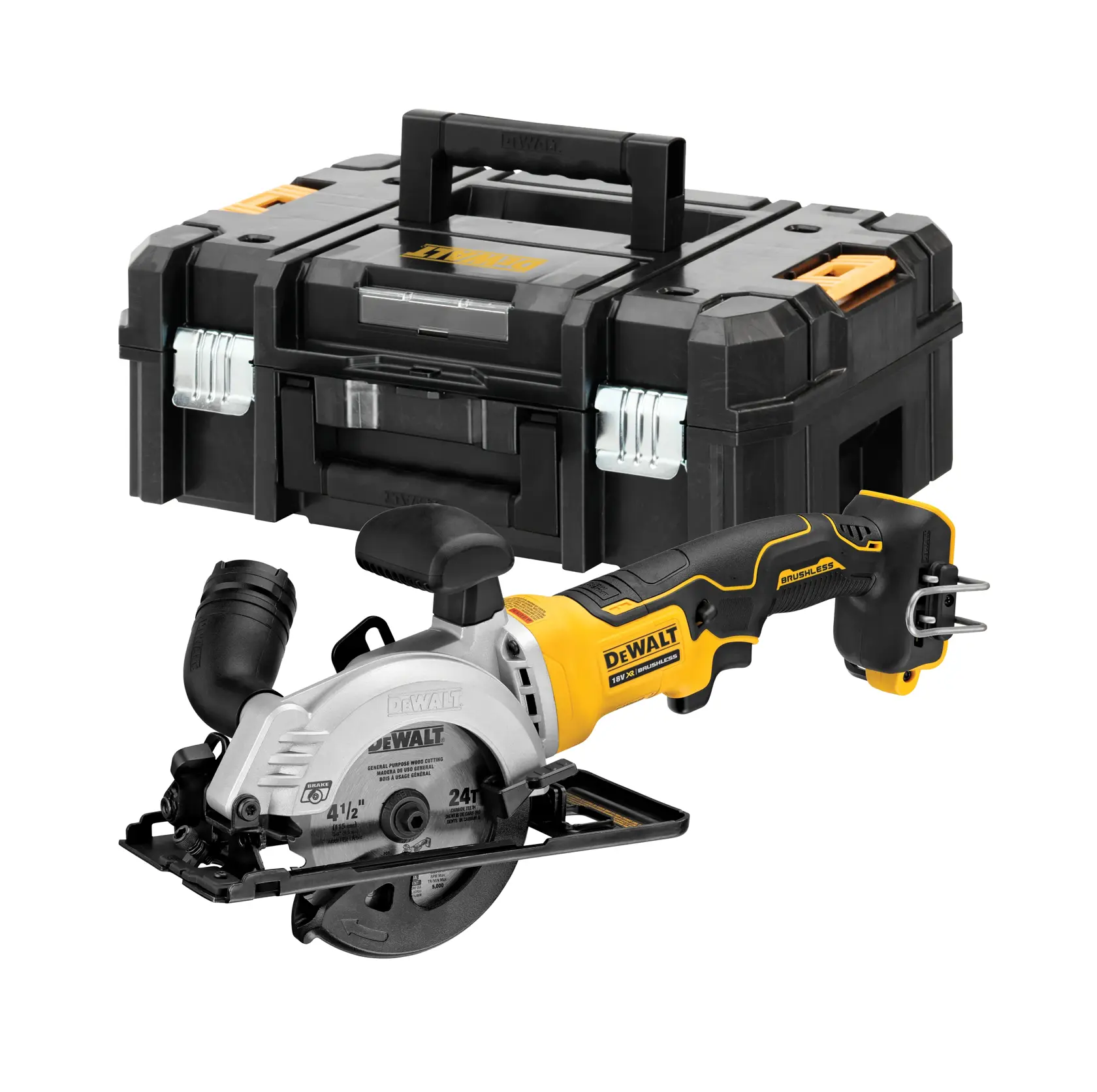 Serra circular compacta sem fio DEWALT com motor brushless, com design preto e amarelo, mostrada ao lado de um estojo de transporte DEWALT preto e amarelo.