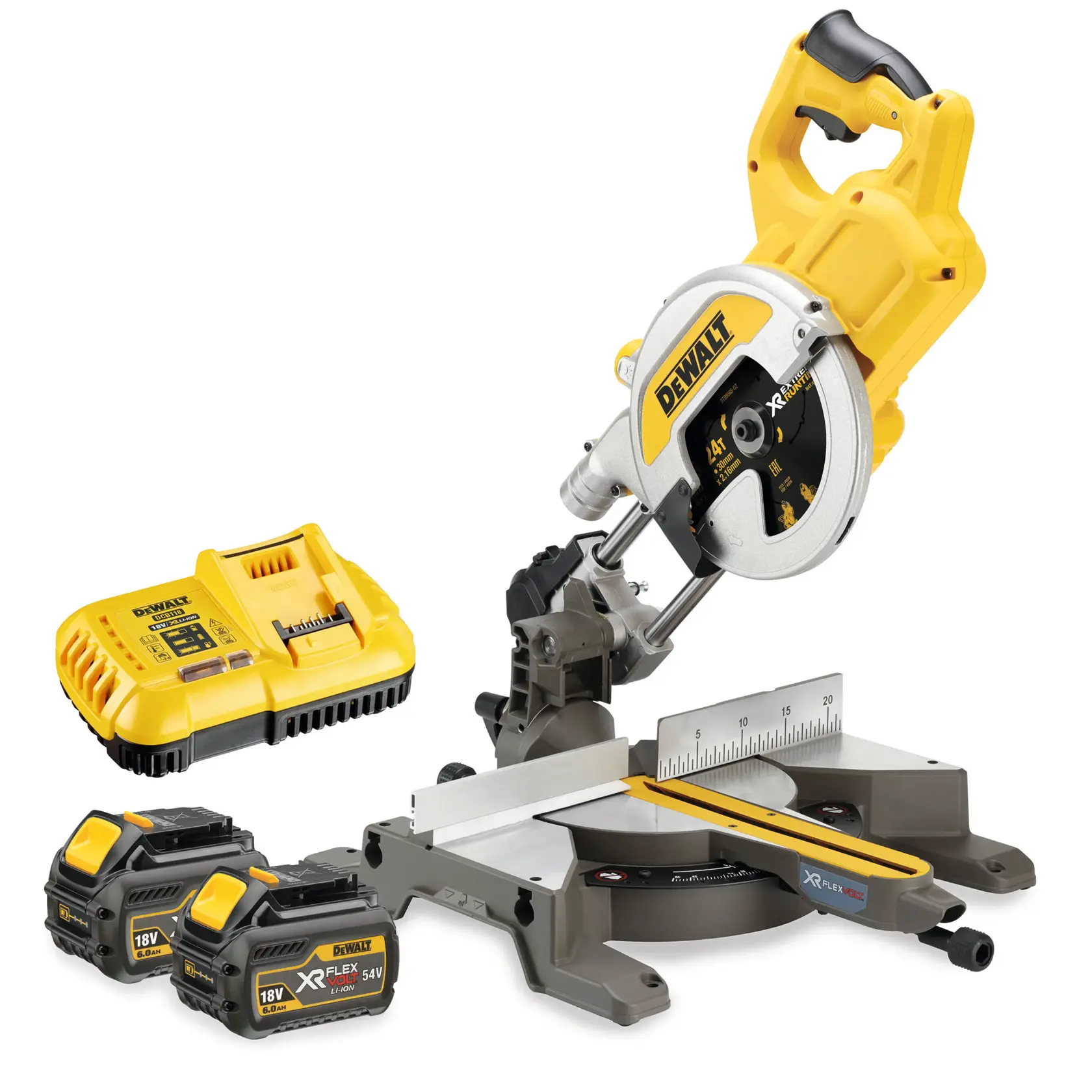 Un conjunto de sierra ingletadora inalámbrica DEWALT que incluye la sierra, dos baterías de litio XR FLEXVOLT de 18V y un cargador amarillo.
