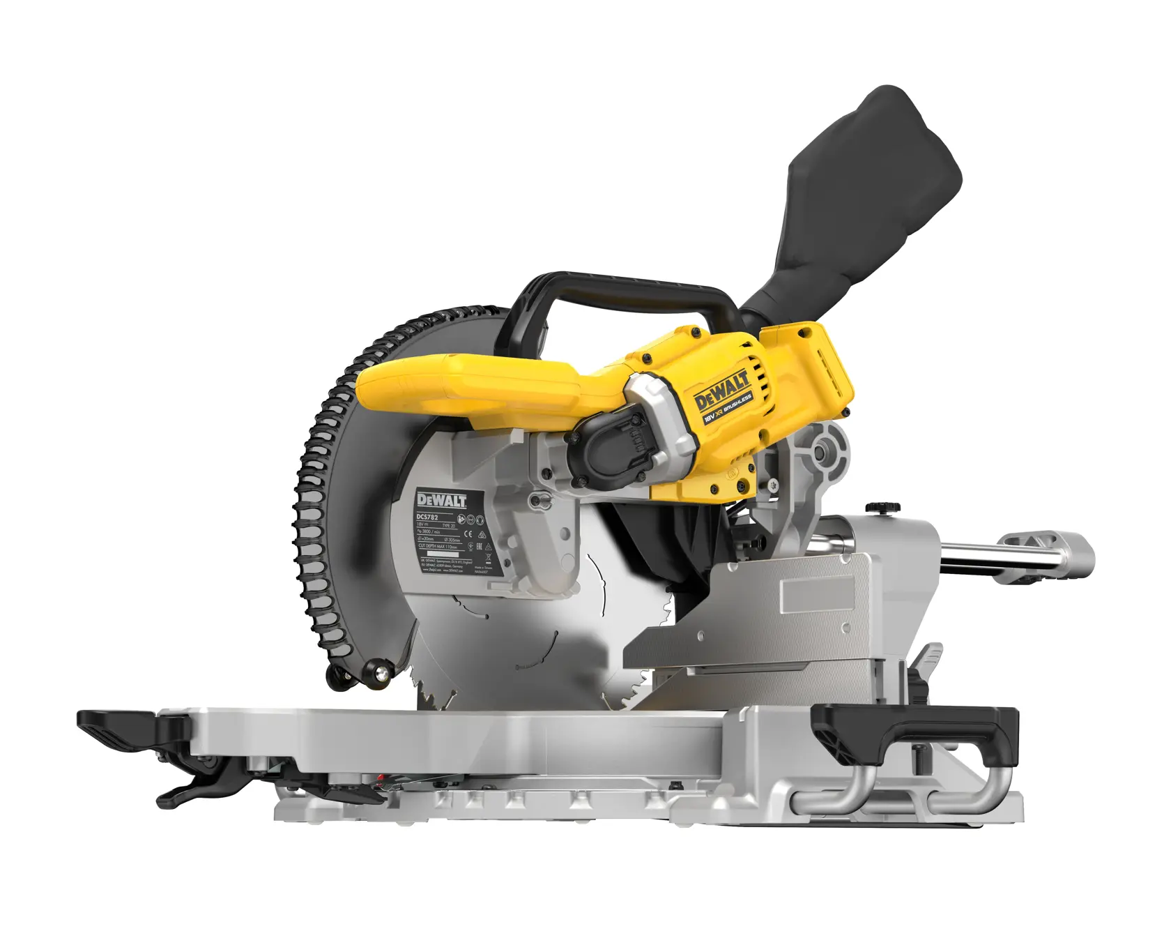 Uma serra de esquadria DEWALT modelo DCS782N com design amarelo e preto, colocada sobre um fundo branco. A serra possui uma lâmina circular grande e uma alça ergonômica.
