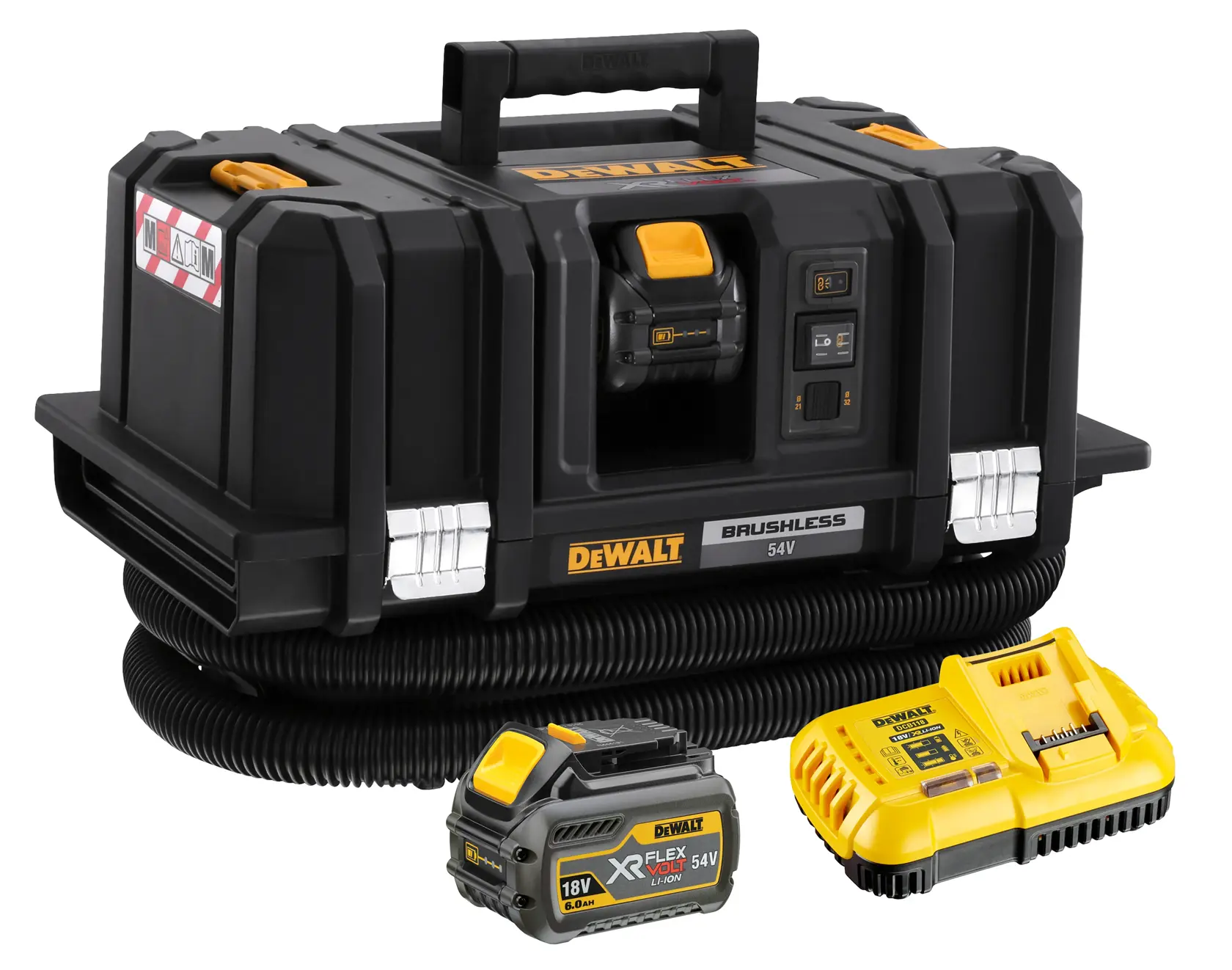 Um aspirador sem fio DEWALT para líquidos e sólidos com motor brushless, 54V, mostrado com uma mangueira flexível, uma bateria removível e um carregador de bateria amarelo.
