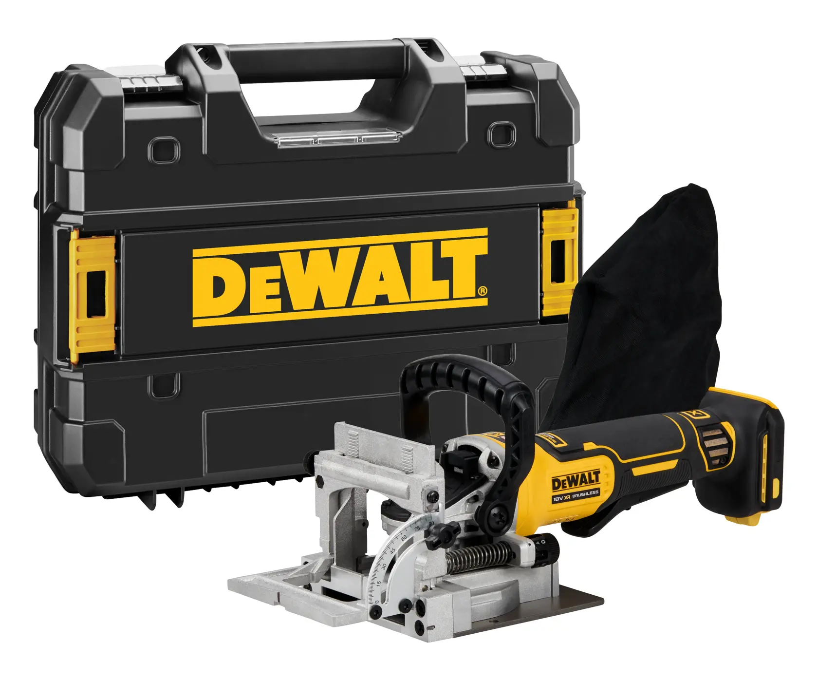 Una herramienta fresadora inalámbrica DEWALT con bolsa para polvo, situada delante de una caja de transporte negra DEWALT con detalles amarillos.