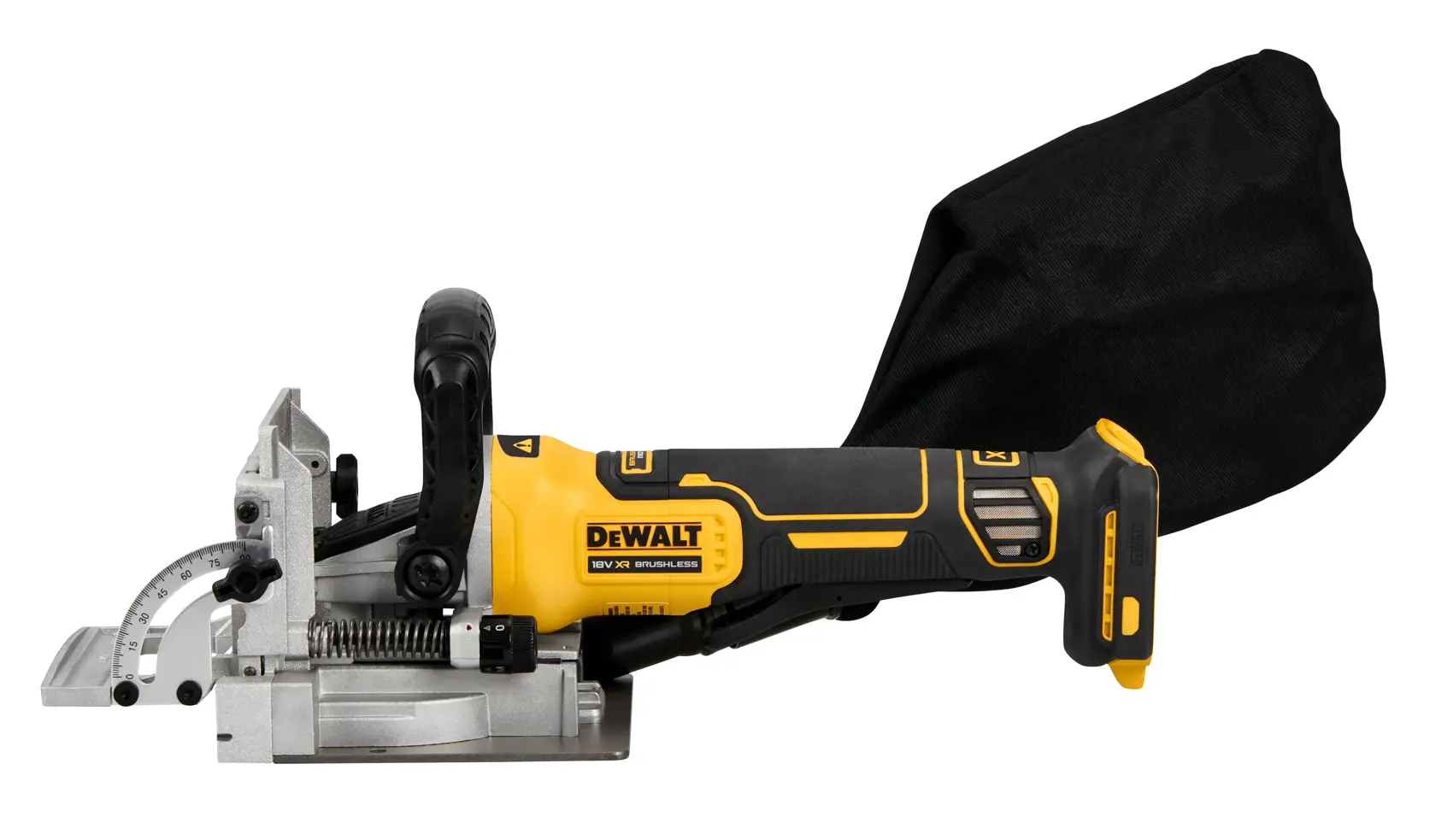 Herramienta ensambladora inalámbrica DEWALT DCW682N con cuerpo amarillo y negro, medidor de ángulo ajustable de metal, mango ergonómico y una bolsa de recogida de polvo negra adjunta.