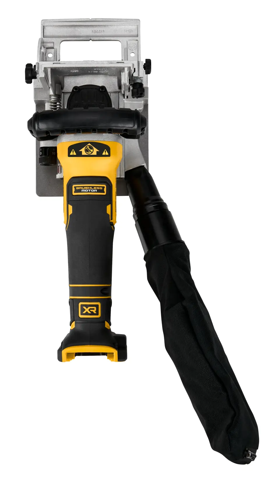Vista frontal de una fresadora para ensamblajes DEWALT inalámbrica con mango amarillo y negro y bolsa de recogida de polvo adjunta.