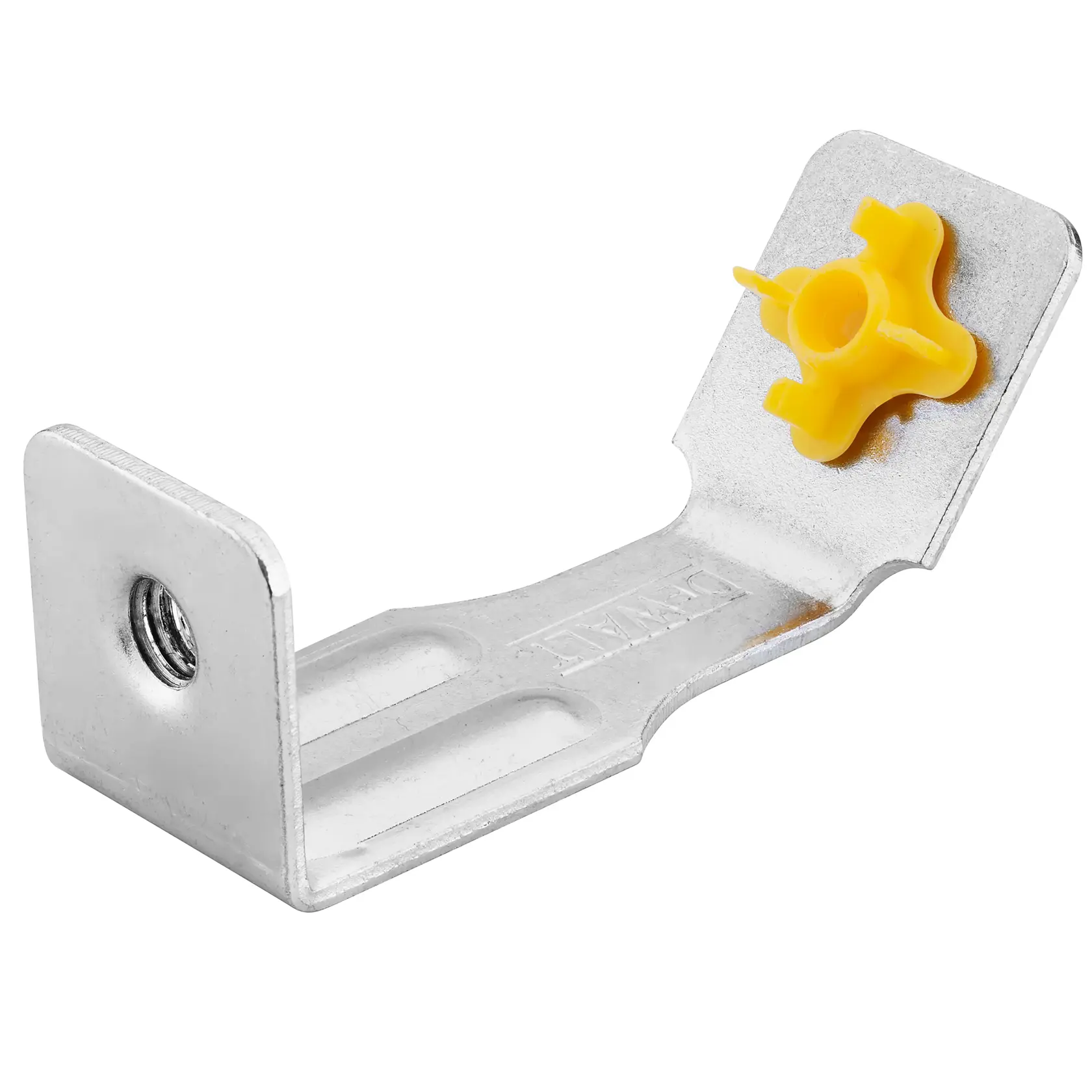 Suporte de montagem metálico com peça plástica amarela para fixar equipamentos fotográficos, fundo branco.