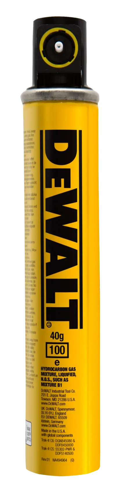 Cilindro de gás amarelo DEWALT com tampa preta, uso profissional, em pé sobre fundo branco.