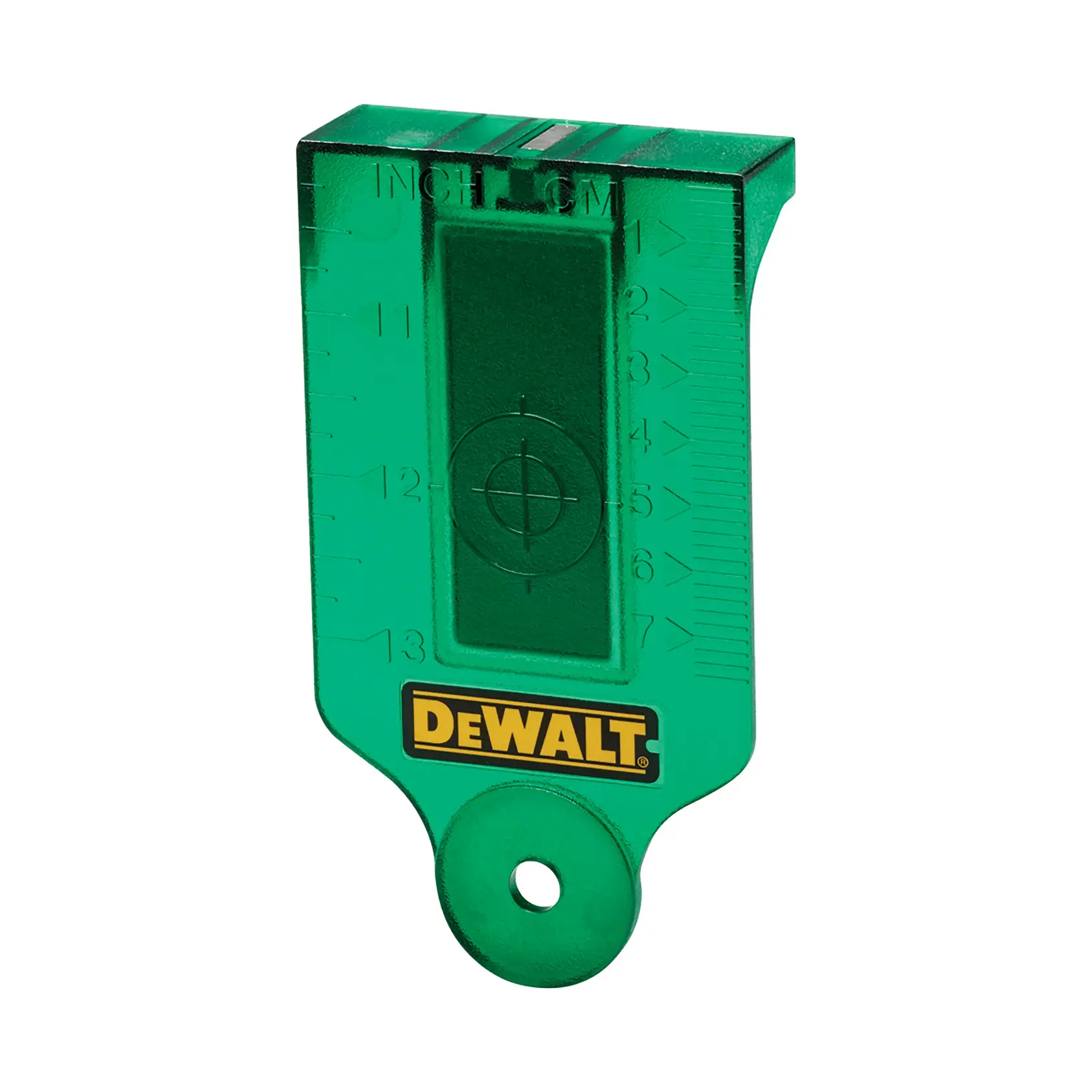 Objetivo verde DEWALT para fotografía, DE0730G y DE0730G-XJ SKUs, con logo y marcas de regla.