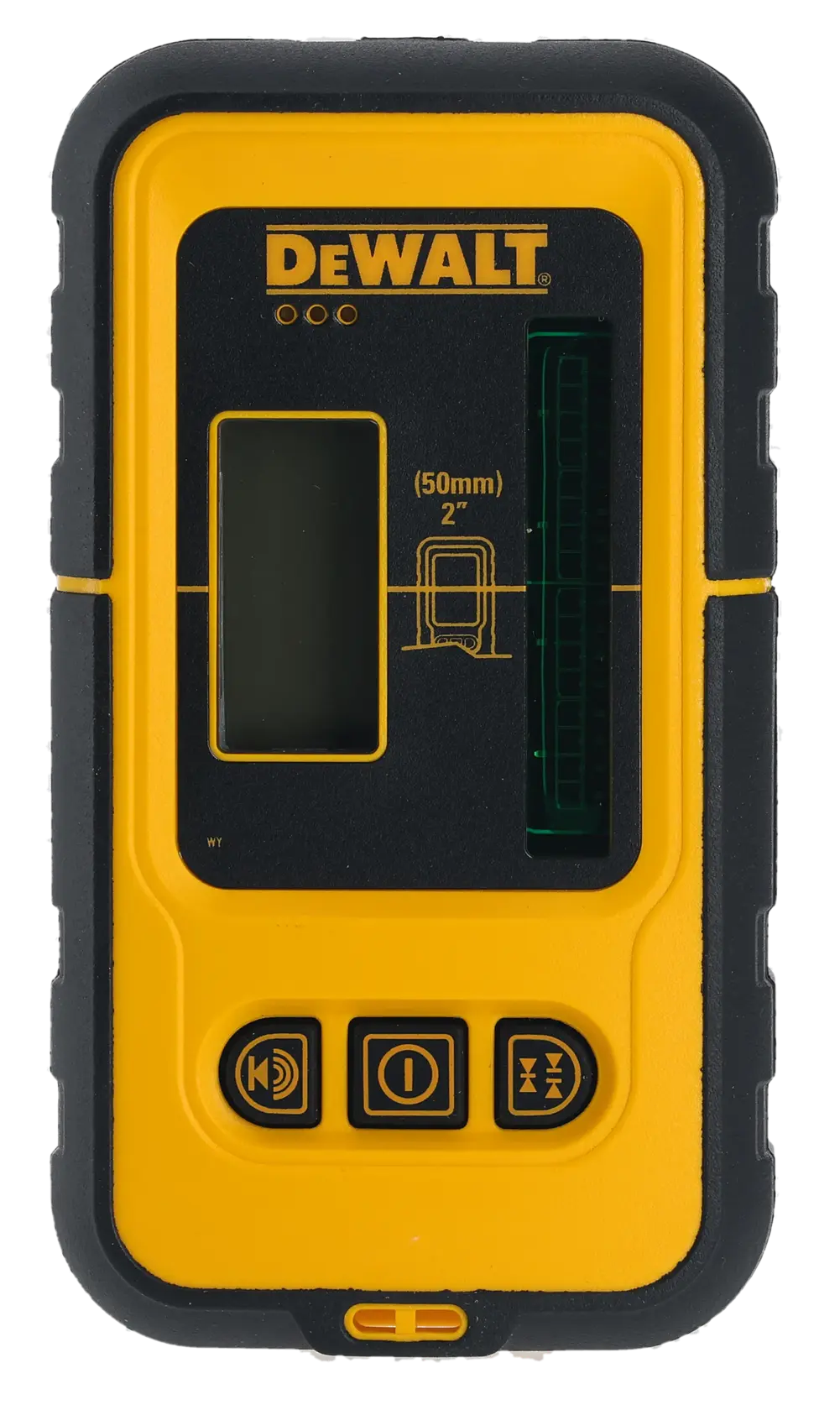 Vista frontal de um detector de laser DEWALT, modelo DE0892G, usado na fotografia e construção para detectar linhas de laser verdes. O dispositivo é predominantemente amarelo com detalhes em preto e possui um display digital, luzes indicadoras e botões de controle.