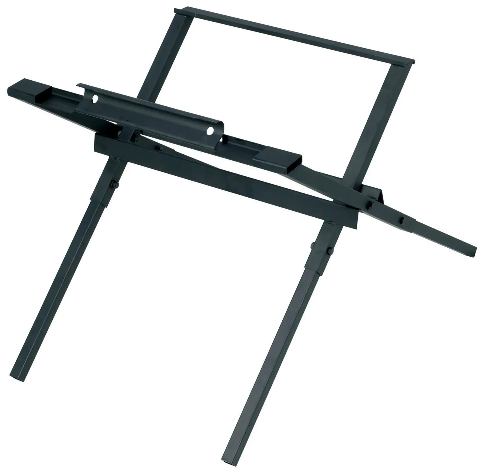 Suporte de metal preto para ferramentas DEWALT, pernas inclinadas e barras ajustáveis.