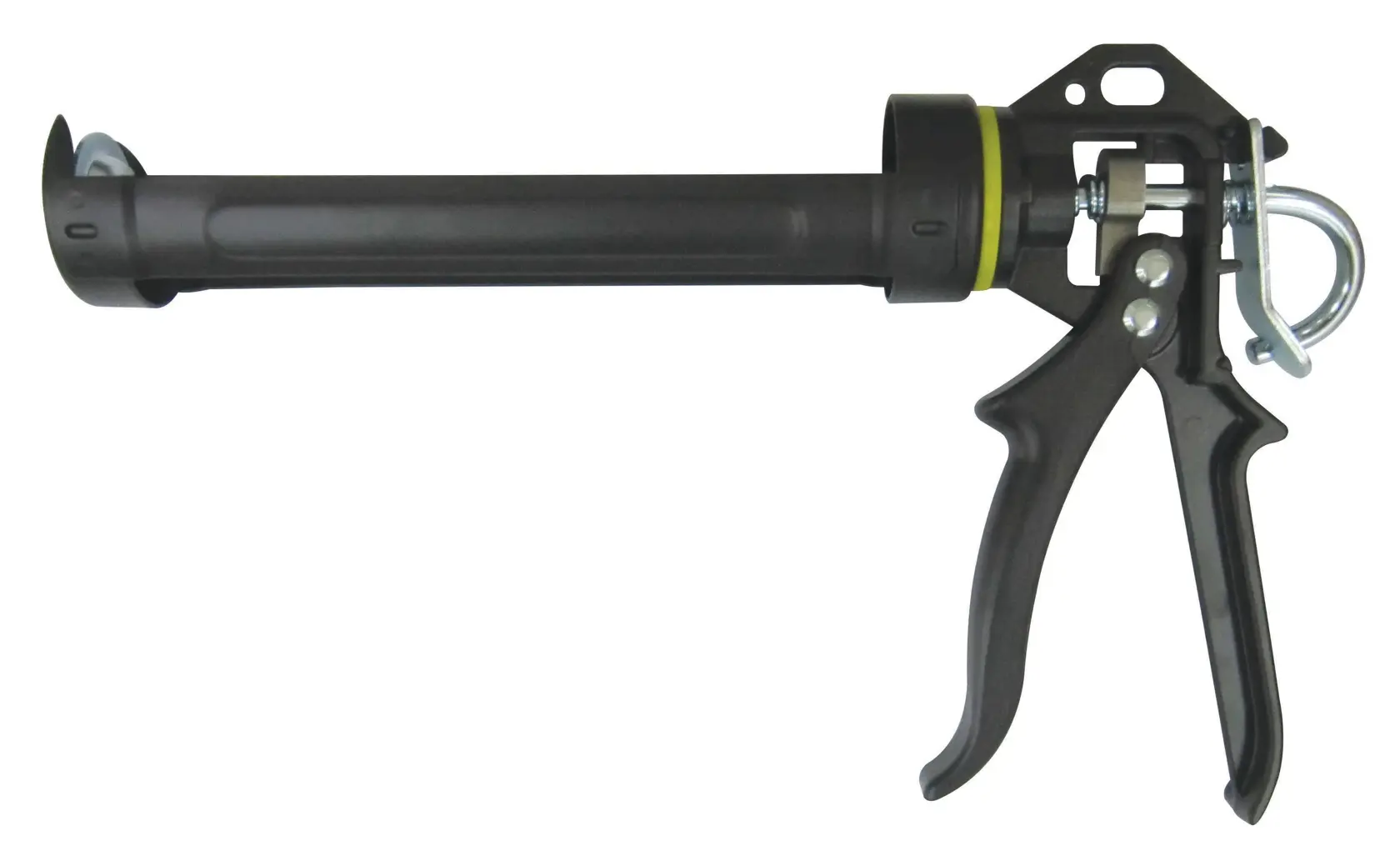 Pistola de calafetagem preta com alça, usada para aplicar selante ou adesivo em construções.