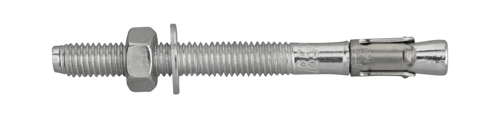 Tornillo de anclaje metálico con tuerca y arandela, para fijación en hormigón y mampostería.