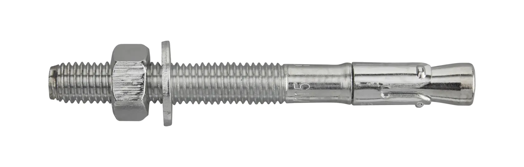 Tornillo de anclaje de expansión de acero con tuerca y arandela sobre fondo blanco.