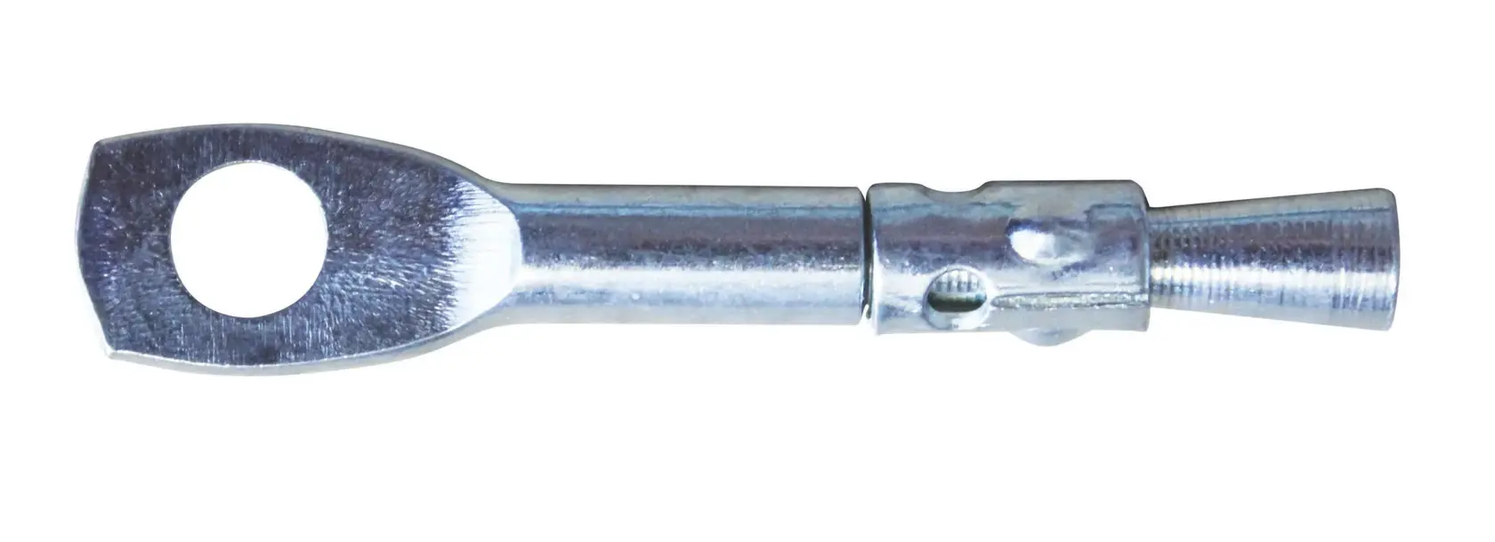 Parafuso de ancoragem de metal com olho largo, usado para fixação segura em construção ou instalação.