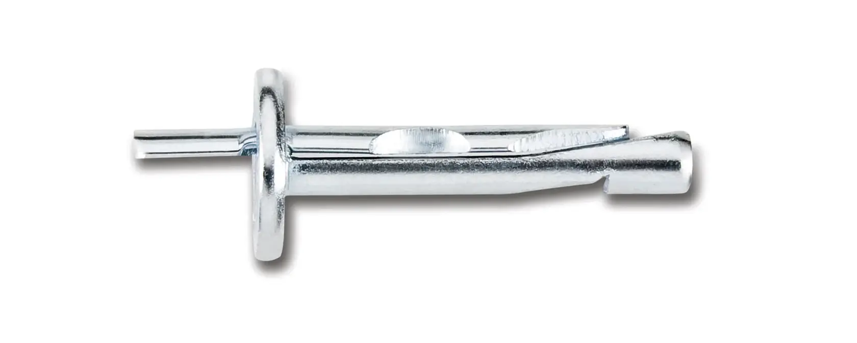 Imagen en primer plano de un anclaje de pared metálico, mostrado sobre un fondo blanco.