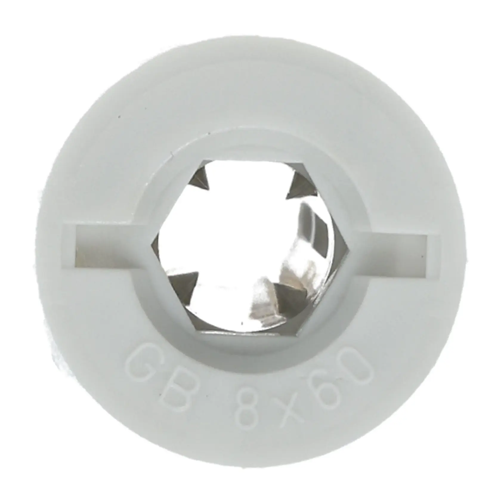 Primer plano de taco DEWALT GB 8x60 blanco con inserto metálico para sujeción.