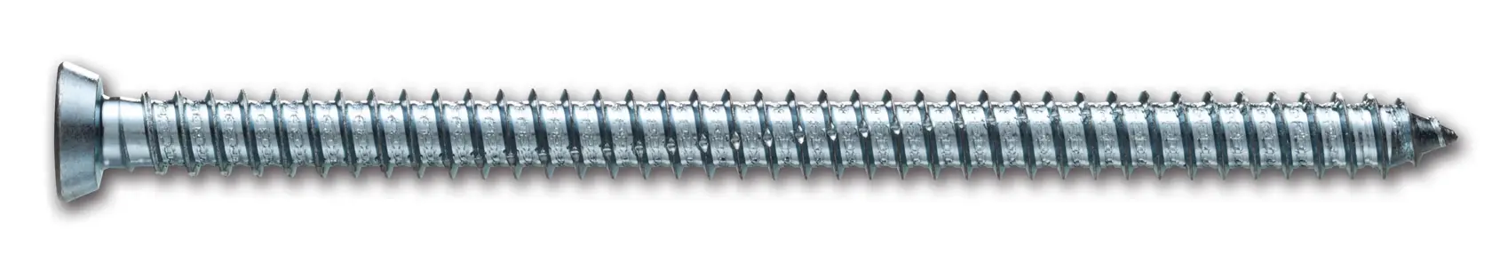 Primer plano de un tornillo metálico de cabeza plana y cuerpo roscado sobre fondo blanco.
