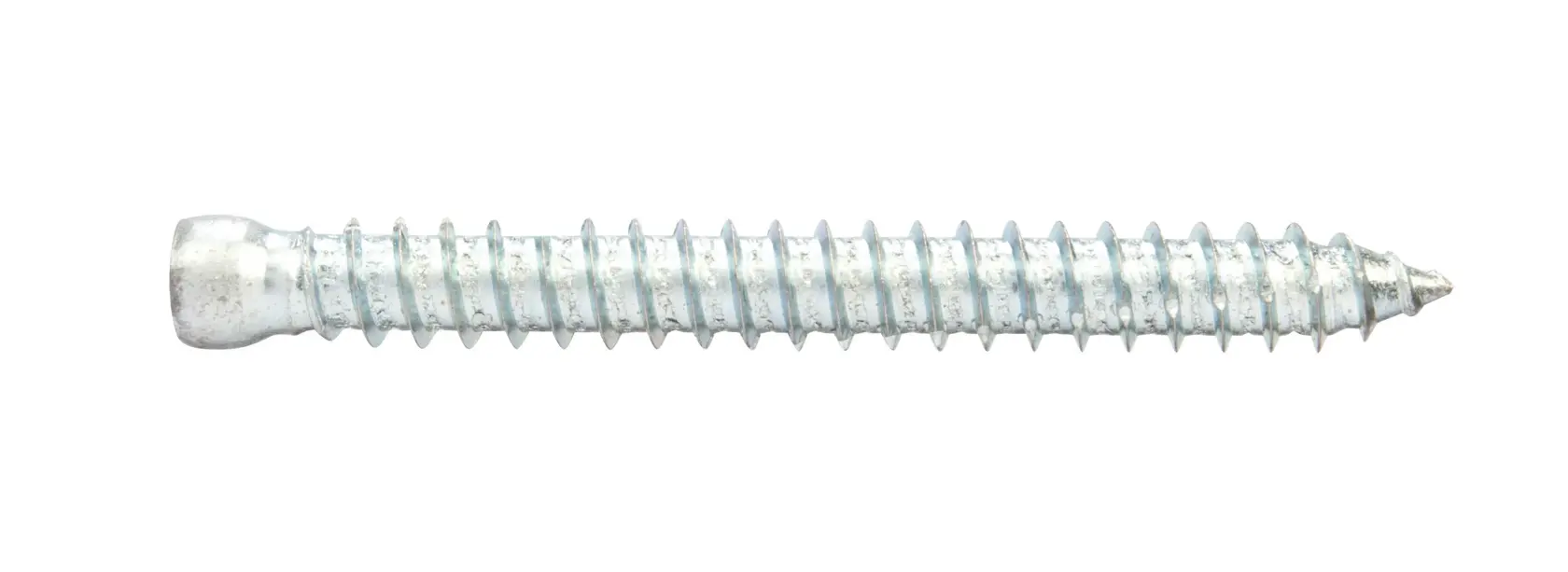 Tornillo metálico único con cabeza hexagonal y rosca afilada sobre fondo blanco.