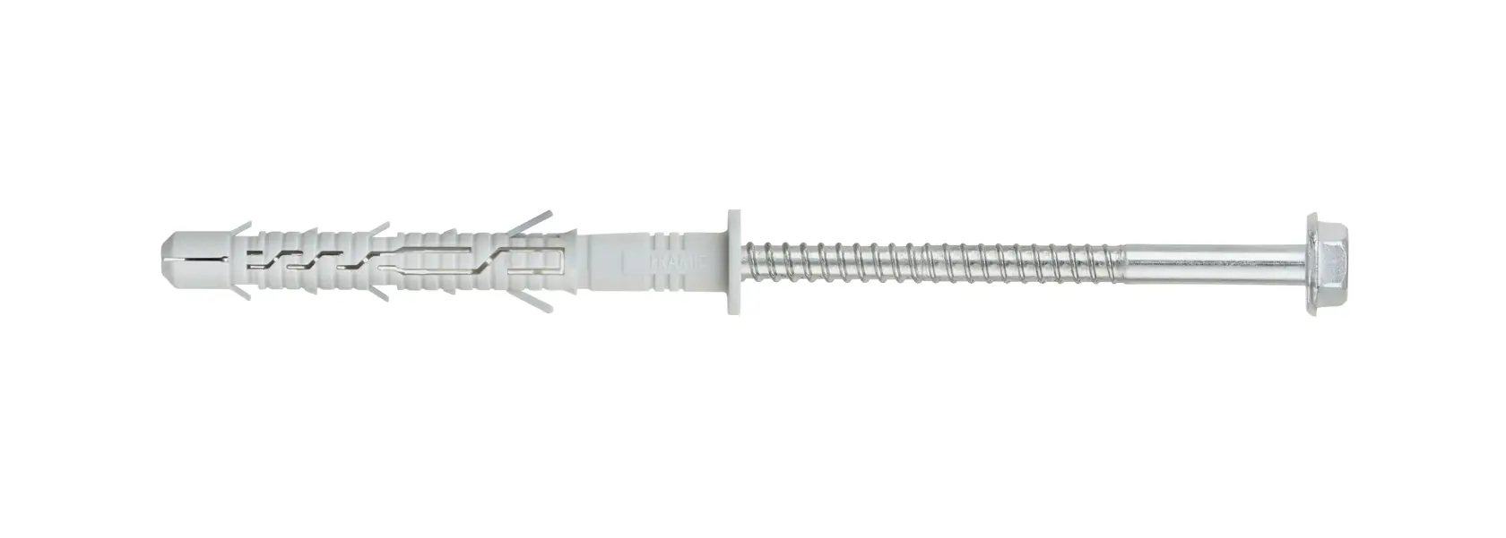 Um bucha e parafuso DEWALT com cabeça hexagonal, feito de metal e plástico, mostrado isolado sobre fundo branco.