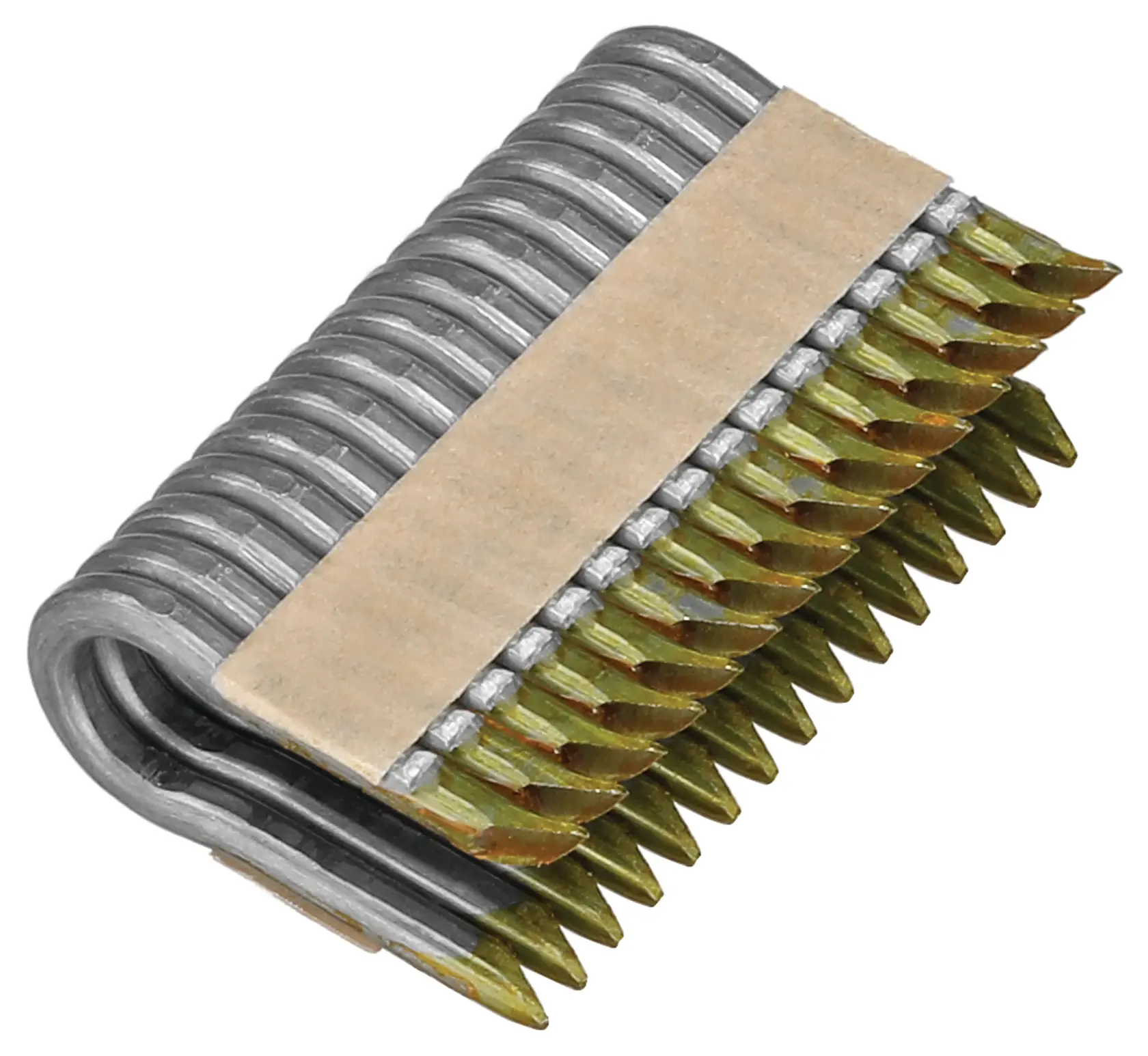 Imagem em close de um conjunto de pregos de metal colados e mantidos juntos por uma tira de papel, projetados para uso em uma pistola de pregos.