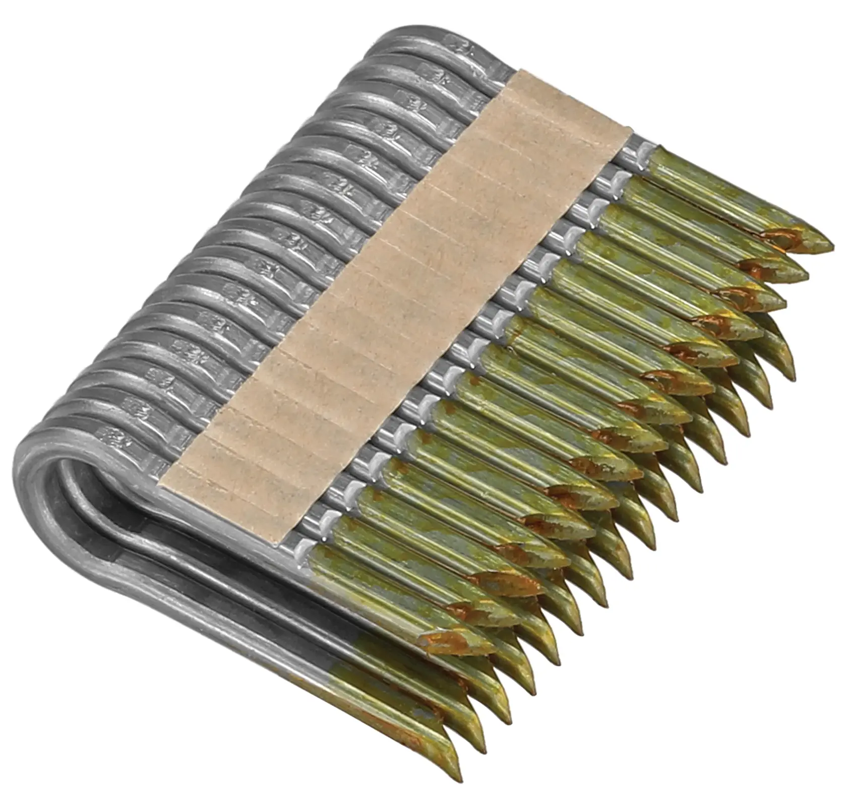 Imagen en primer plano de una tira de sujetadores o clavos metálicos agrupados, unidos por una banda de cartón, utilizada para herramientas de construcción o carpintería.