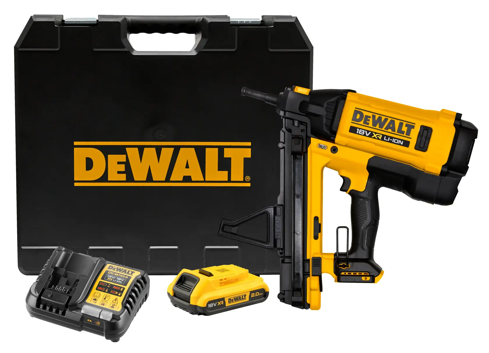 Kit de pistola de pregos sem fio DEWALT, incluindo uma pregos 18V Li-Ion, uma bateria, um carregador e uma maleta de transporte preta com a marca DEWALT.