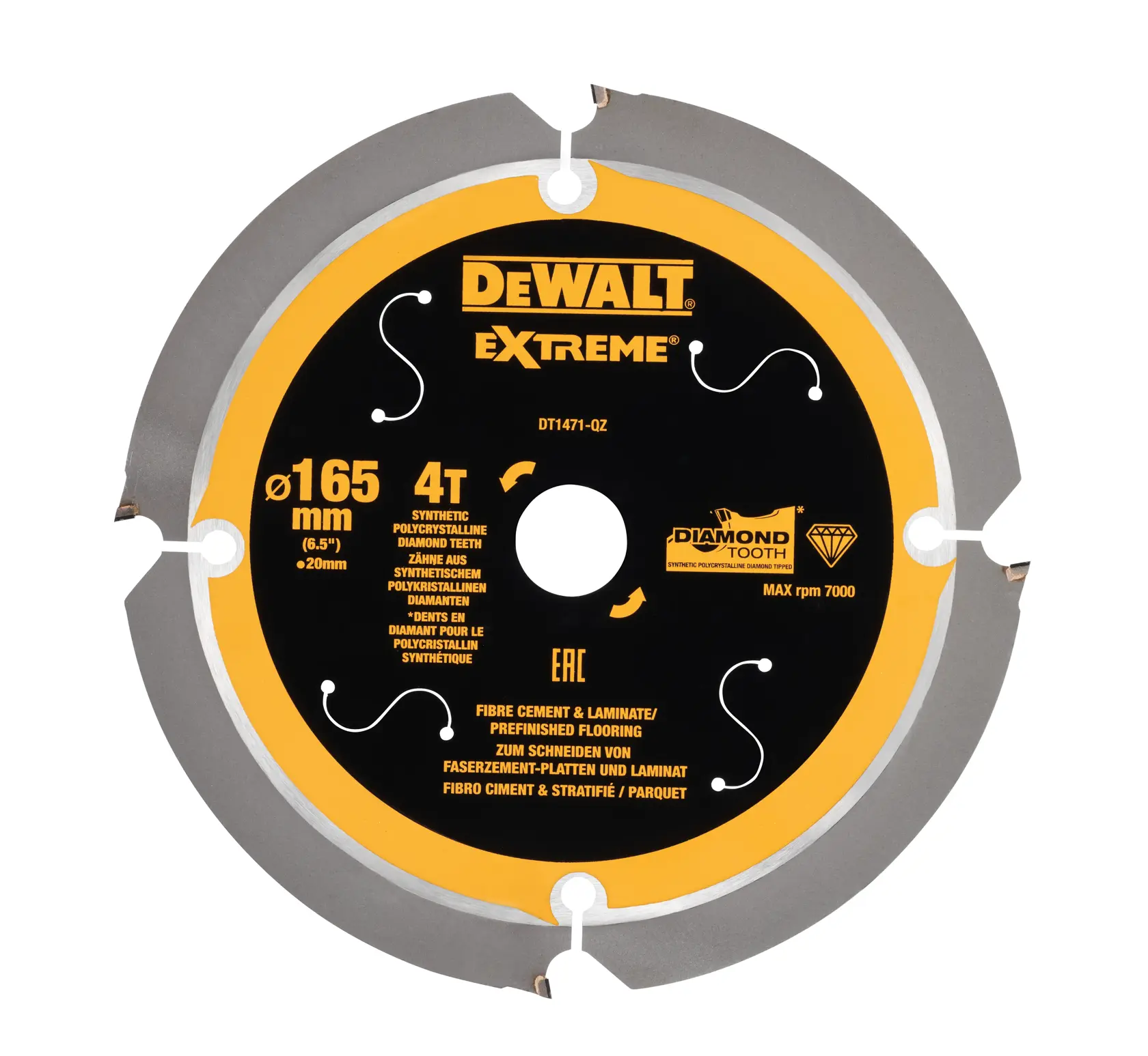 DEWALT DT1471 Extreme, hoja para fibrocemento y laminado. Diámetro 165mm, 4 dientes sintéticos.
