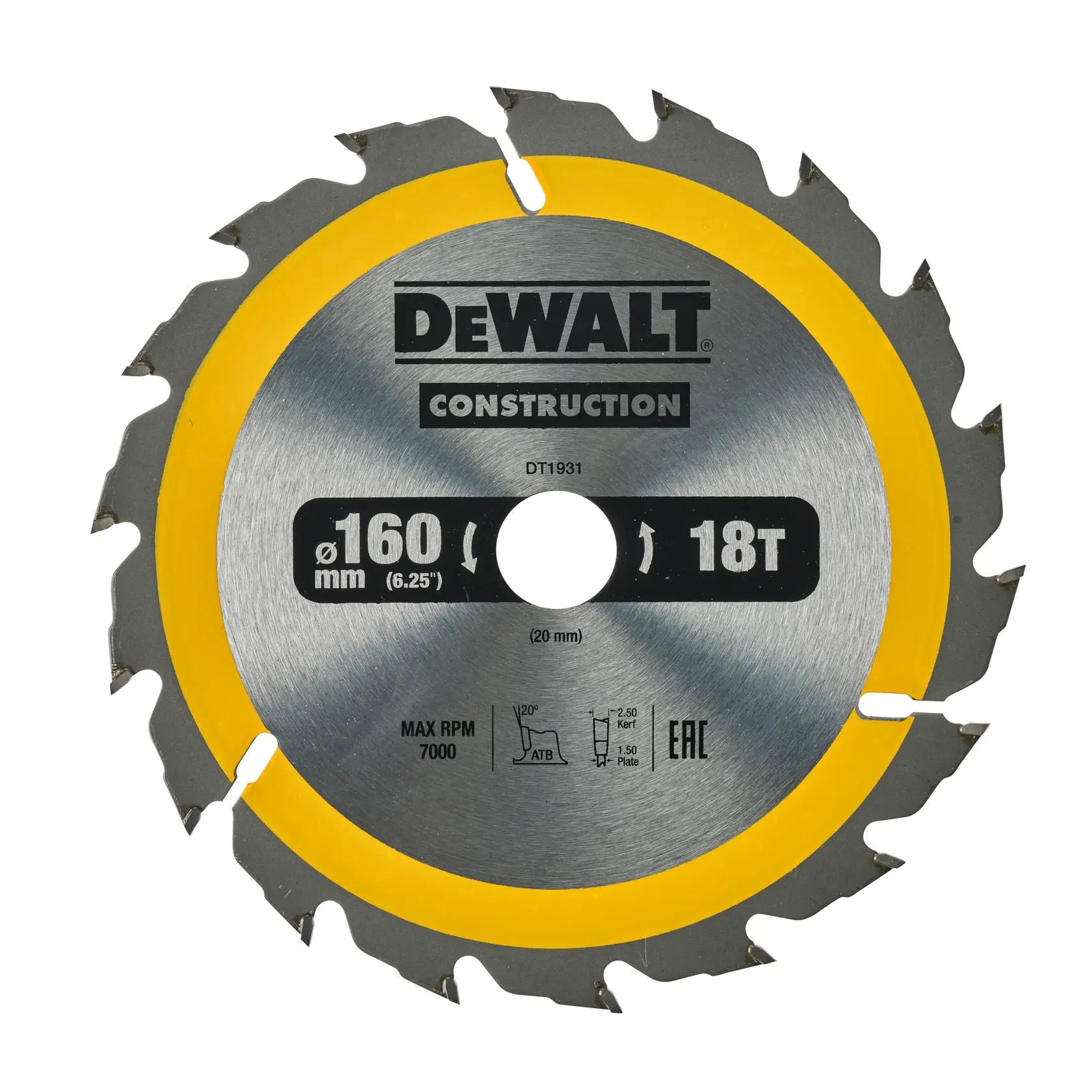 Lâmina de serra circular DEWALT DT1931 para construção, 160 mm de diâmetro, 18 dentes, prateada com borda amarela.