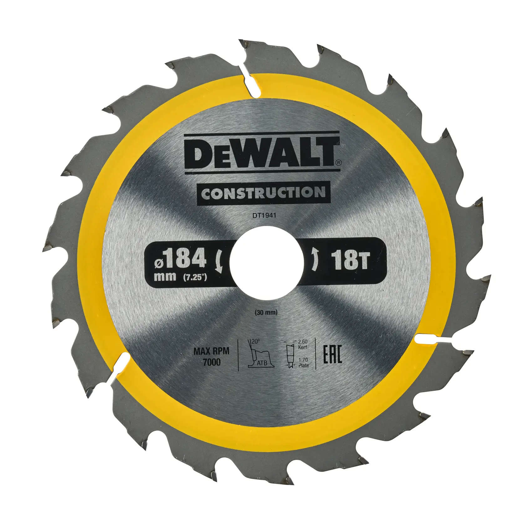 Lâmina de serra circular DEWALT DT1941, 184 mm, 18 dentes, para construção.