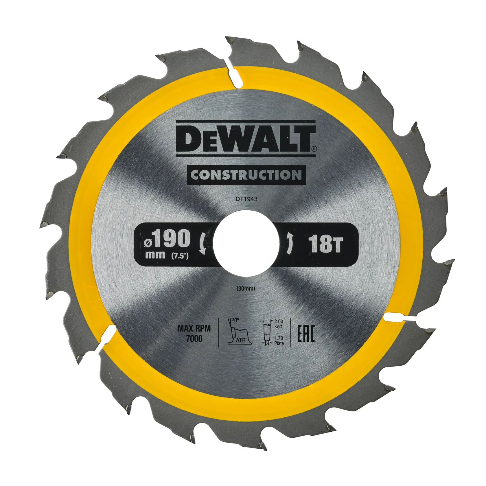 Lâmina de serra circular DEWALT DT1943 para construção, diâmetro de 190 mm com 18 dentes, lâmina prateada com borda amarela e informações do produto.