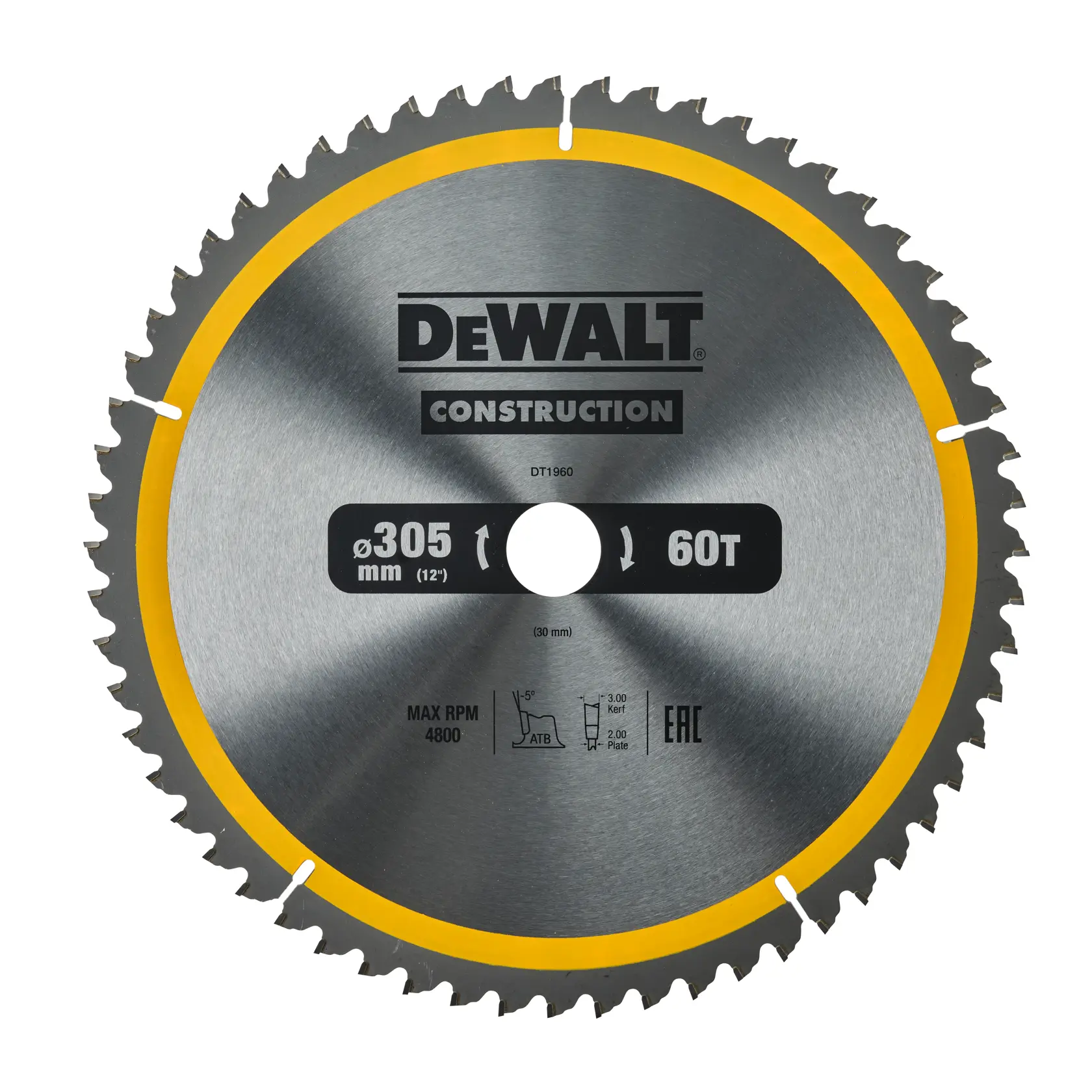 Lâmina de serra circular DEWALT DT1960 de construção, diâmetro de 305 mm (12 polegadas) com 60 dentes, acabamento prateado com detalhes amarelos e especificações do produto impressas na superfície.