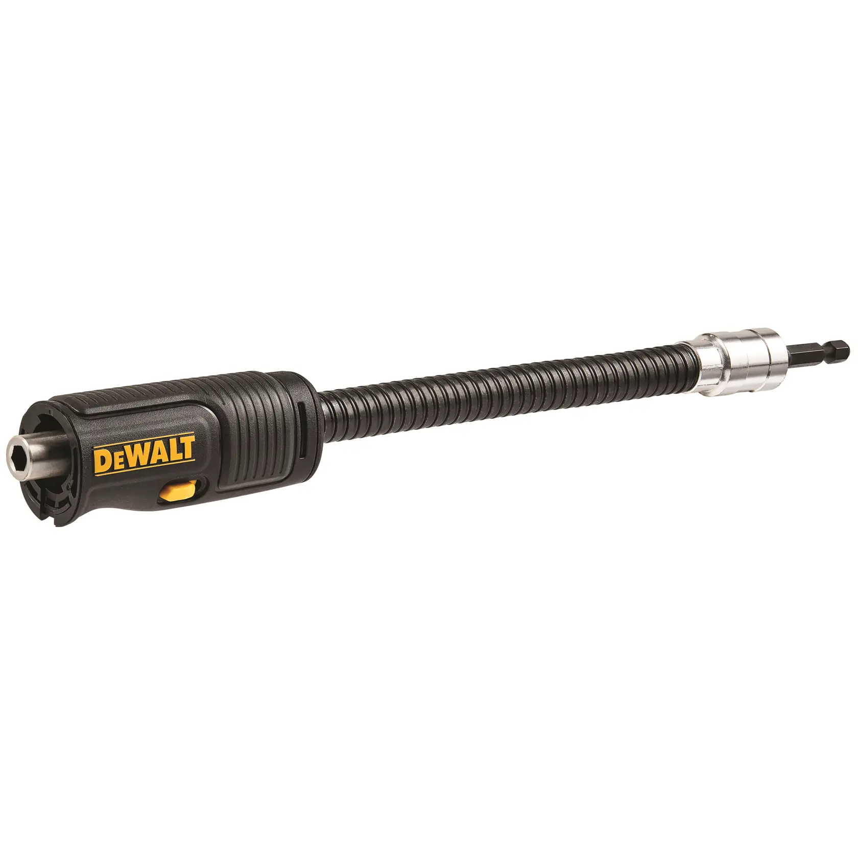 Extensão de eixo flexível para parafusadeira da marca DEWALT, com design preto e prateado, usada para aumentar o alcance em tarefas de parafusamento.