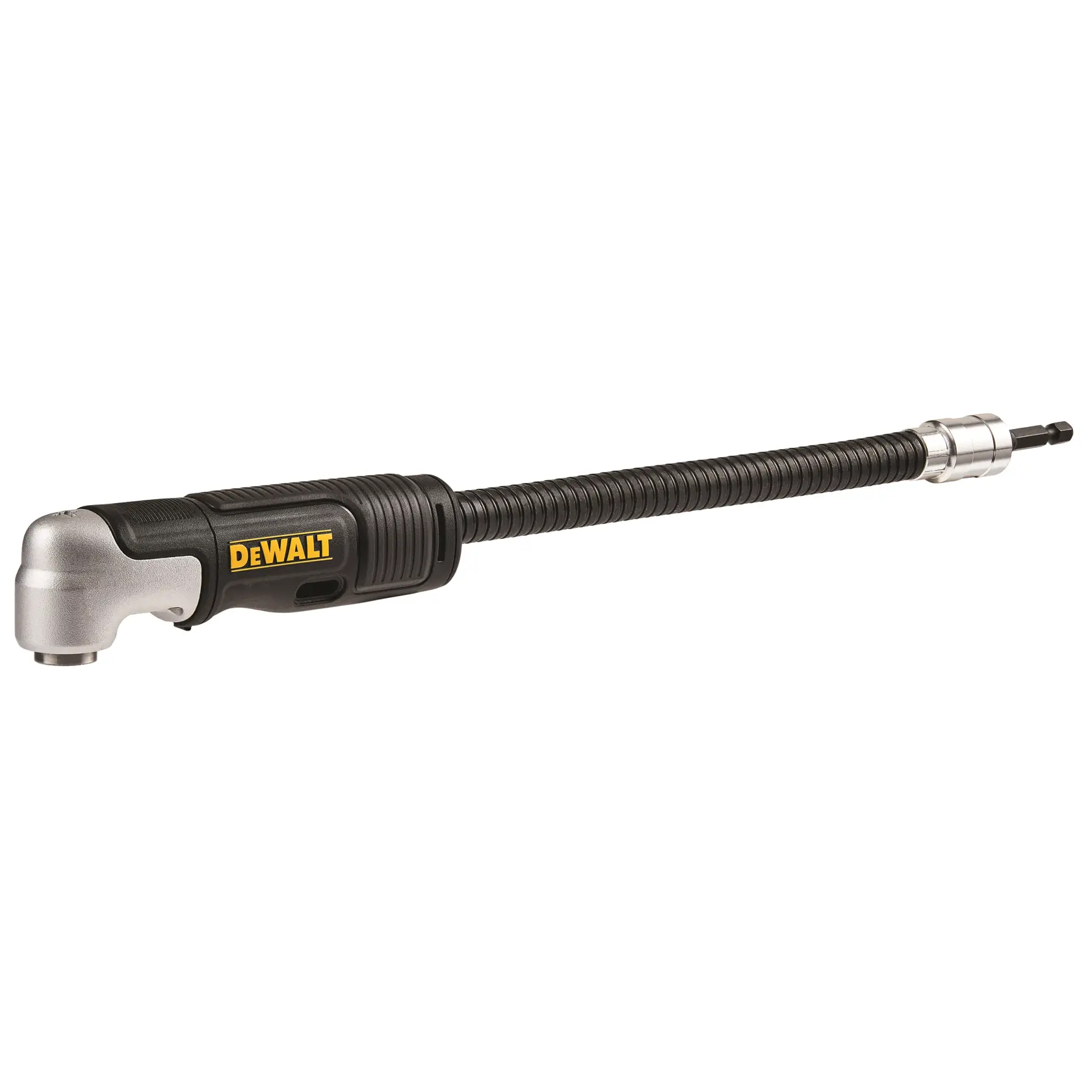 Um acessório de eixo flexível de ângulo reto DEWALT para furadeiras, exibido com design preto e prateado, com um eixo flexível longo e cabeça em ângulo reto.