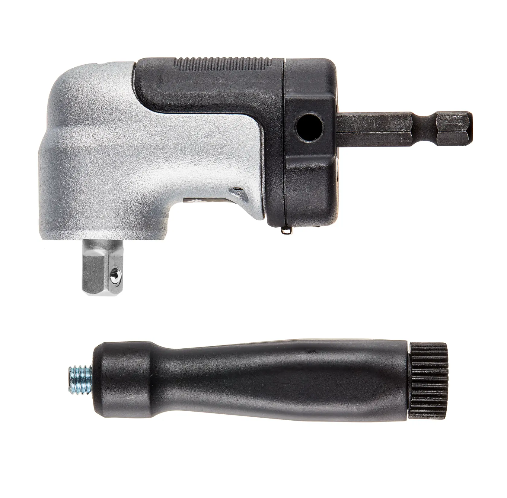 Adaptador angular DEWALT para furadeira com cabo destacável em fundo branco.